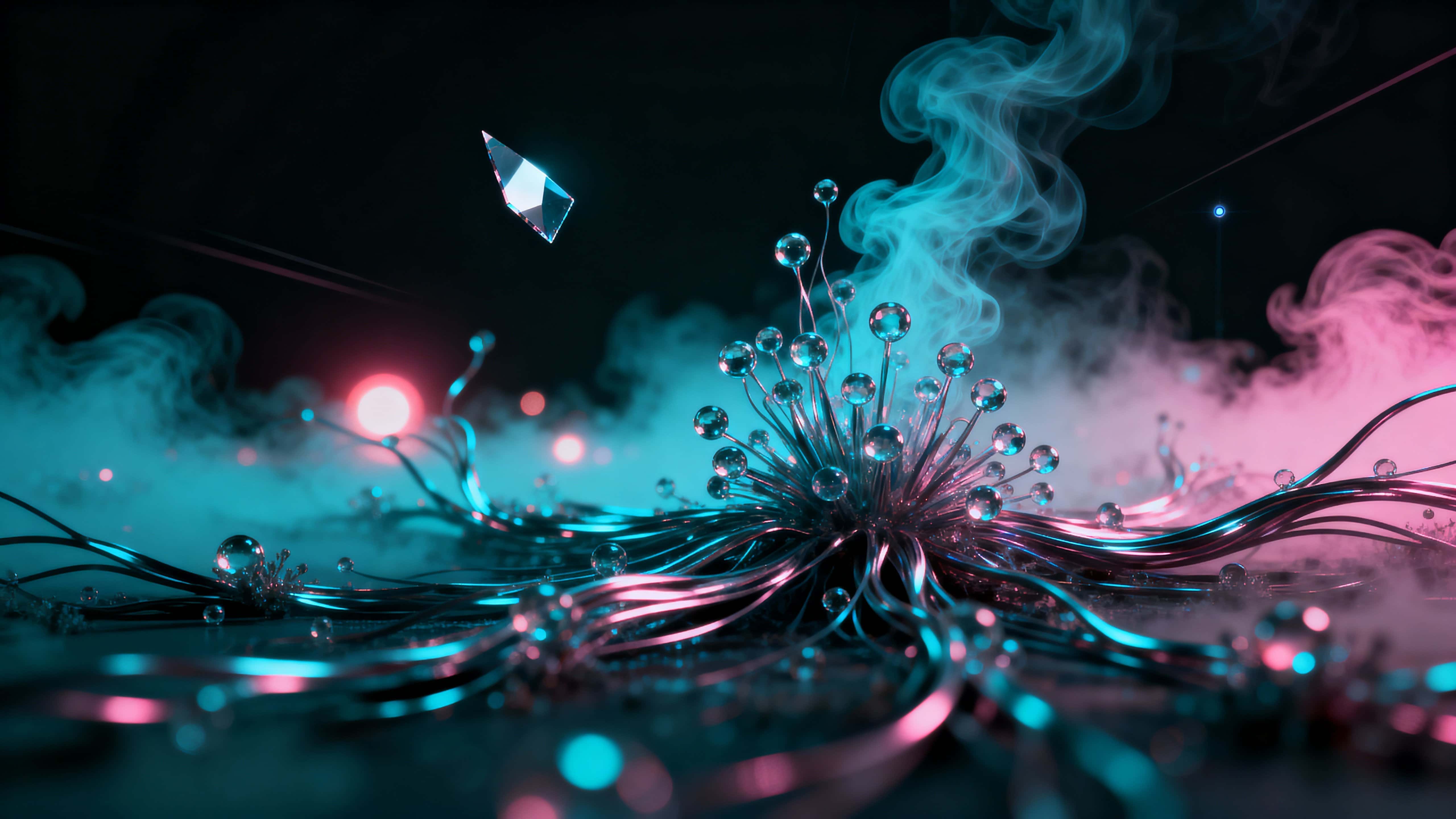 A futuristic particle bloom on a deep near-black canvas where cyan and pink tendrils glow and spread outward in delicate filaments across a cinematic 16:9 frame, creating a sense of expansion and mystery.