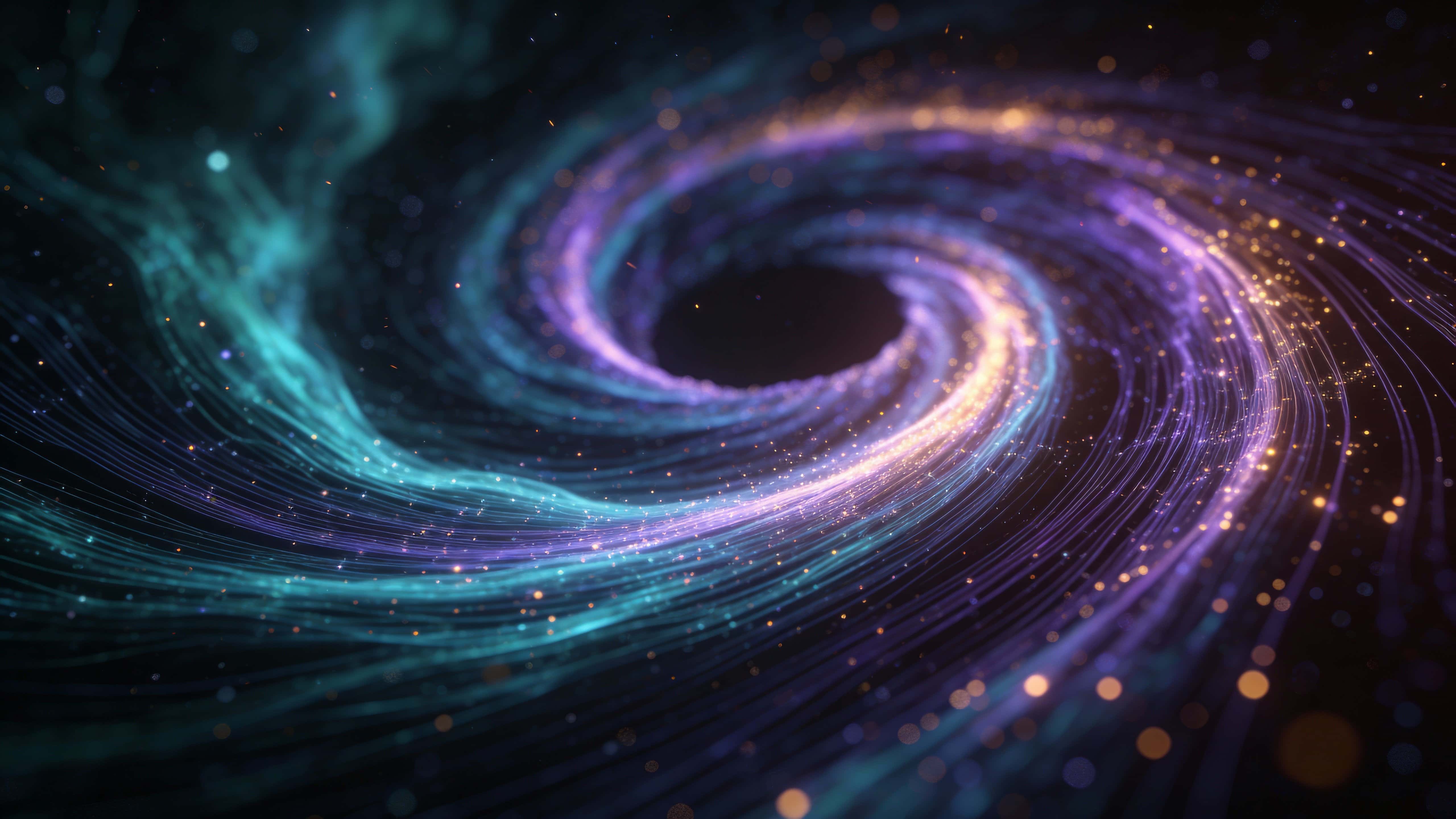 A luminous spiral helix of teal, violet, and amber particles twists across a dark cosmic background with soft diffused highlights, drifting sparks, and gentle depth.