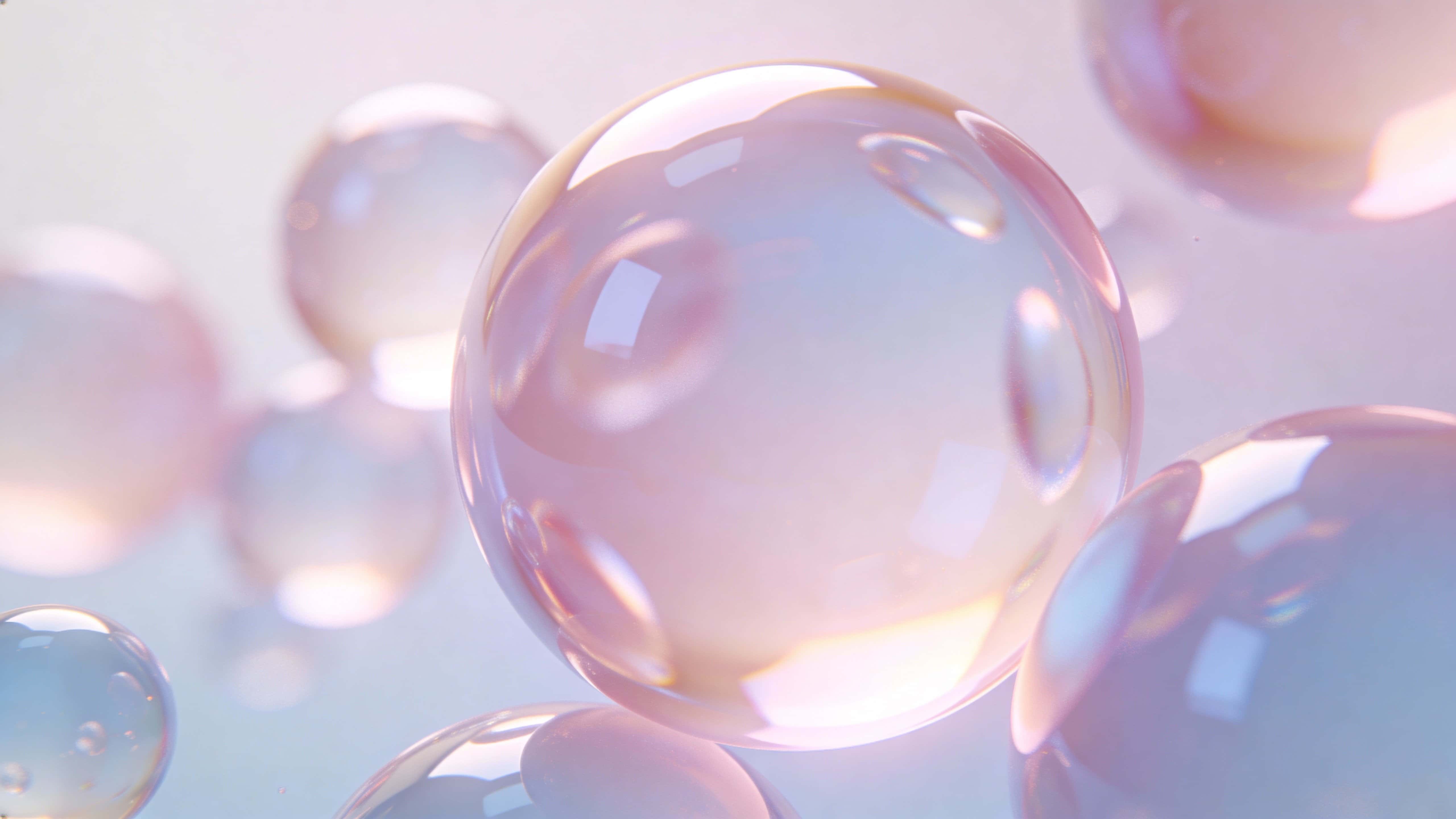 A centered cluster of semi-transparent, glass-like pastel bubbles with smooth surfaces and soft internal glow, dreamy reflections and a minimal bright 16:9 background, wide cinematic crop.