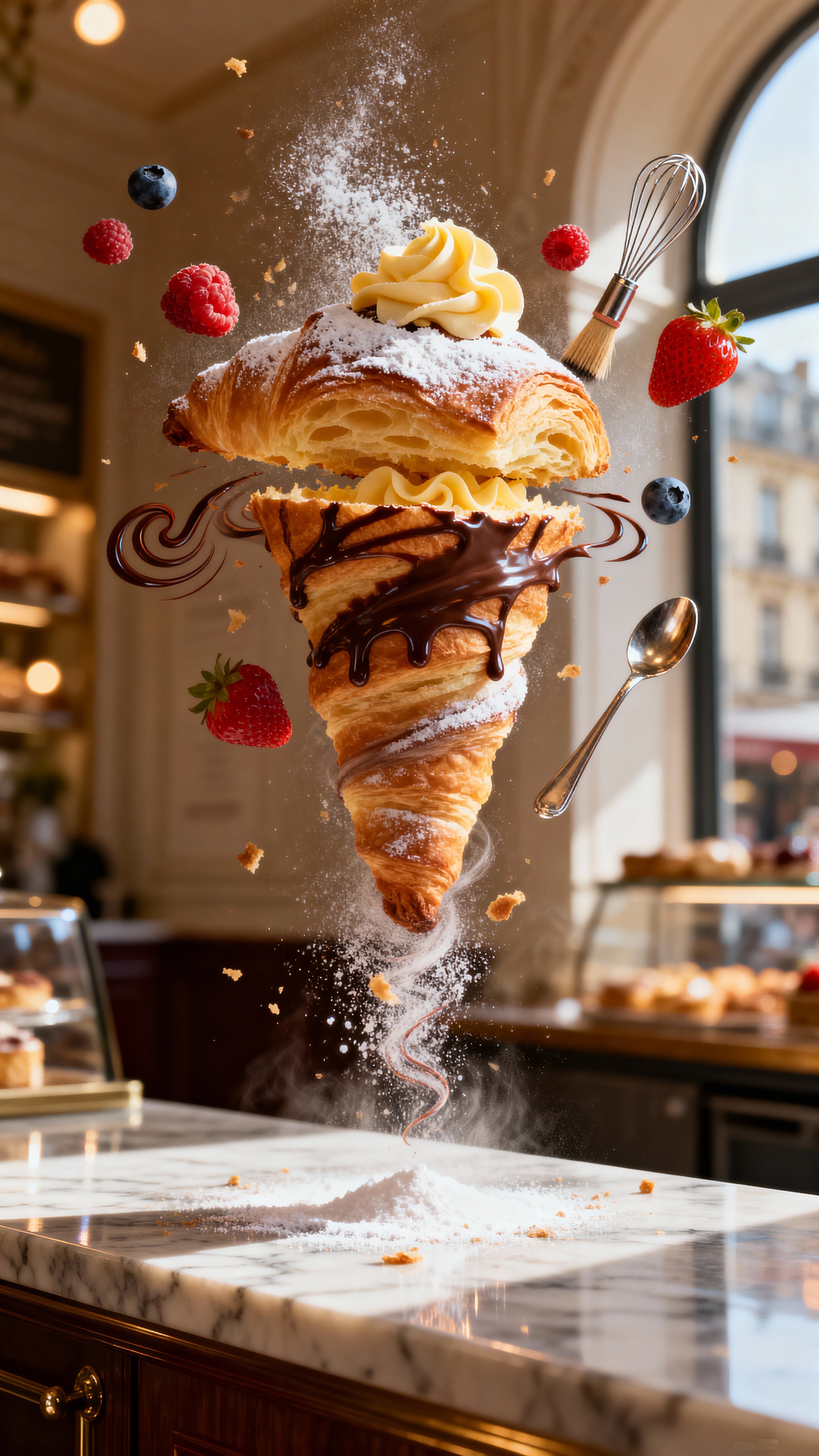 Hyper-realistic 9:16 poster of a pastry mid-separation, suspended above a marble surface, surrounded by a chaotic miniature tornado of powdered sugar, butter curls, chocolate drizzle, berries, and shiny baking tools; hyper-detailed crumbs,s