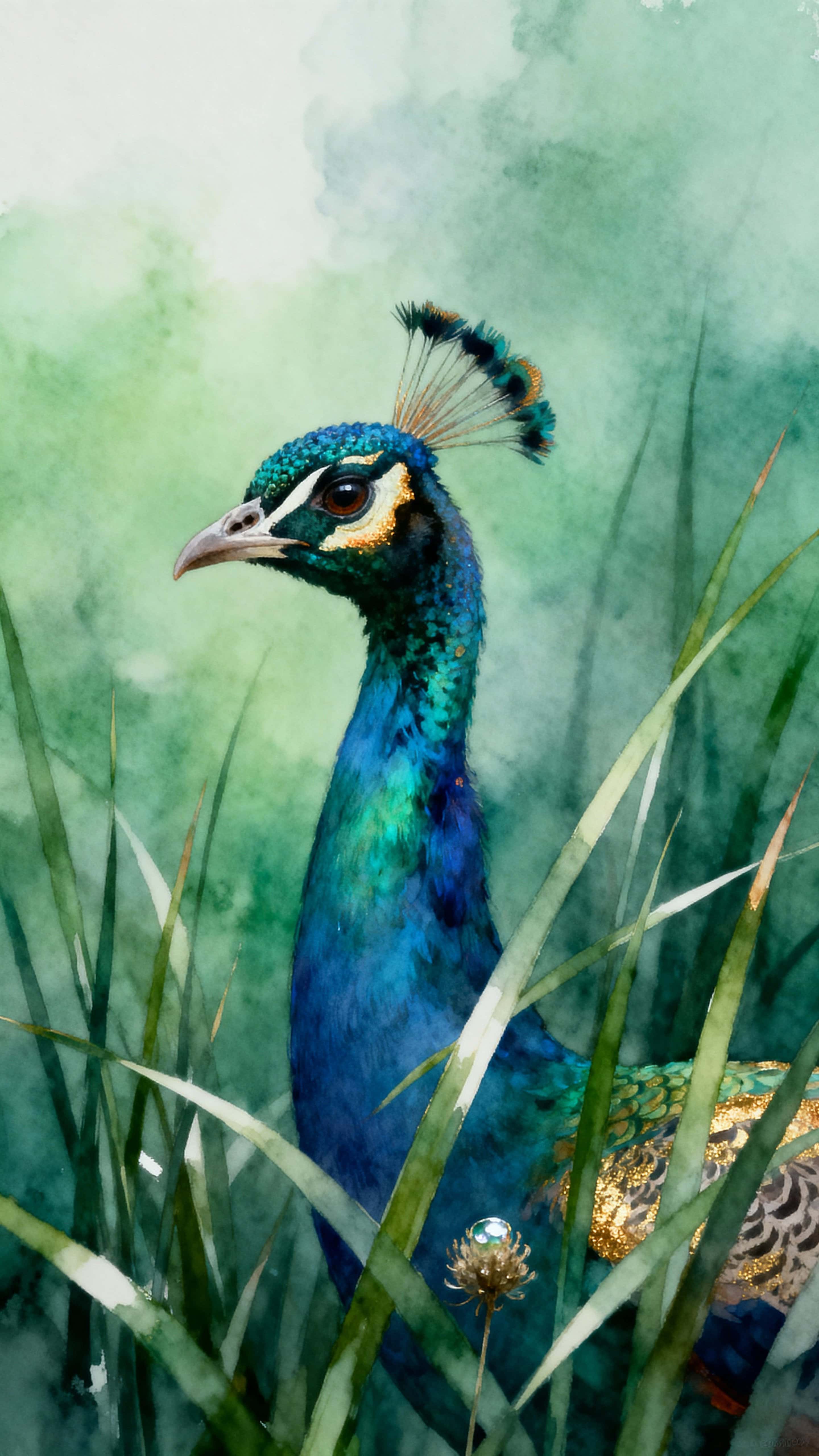 A peacock's head and upper neck rise from tall ornamental grass into a cool green mist, with soft diffused light revealing iridescent tones and delicate feather detail.