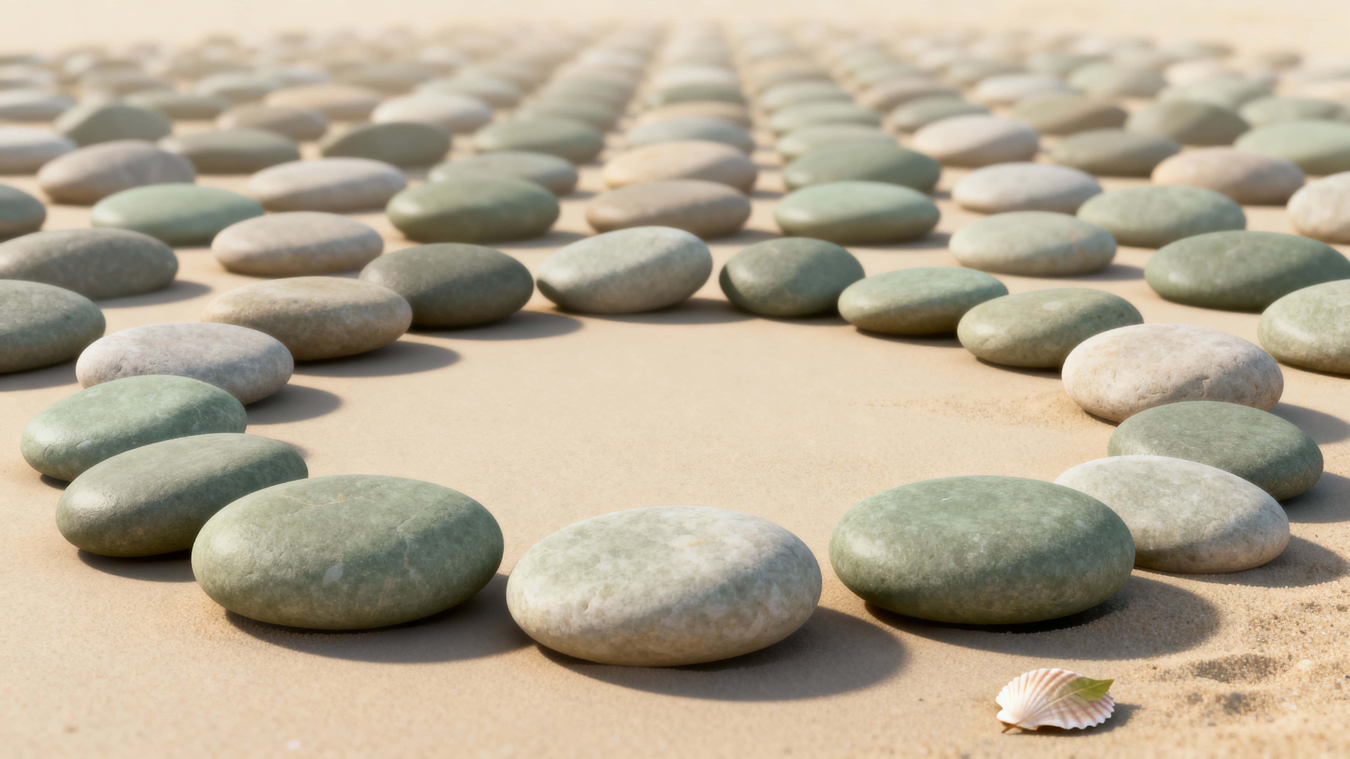 Seamless round pebble pattern rendered with layered depth, soft separation, and tactile grain, composed for a 16:9 frame to serve as a background or textile surface in neutral, calming tones.