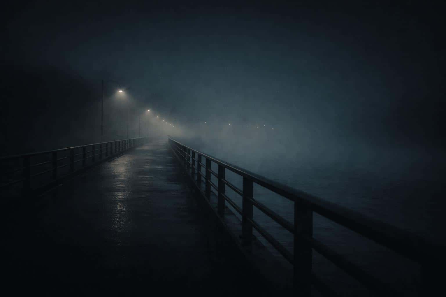 Cinematic 3:2 night photograph of an empty pedestrian bridge over water, thick fog softening railings and lamps, off-center composition with wide negative space for icons.