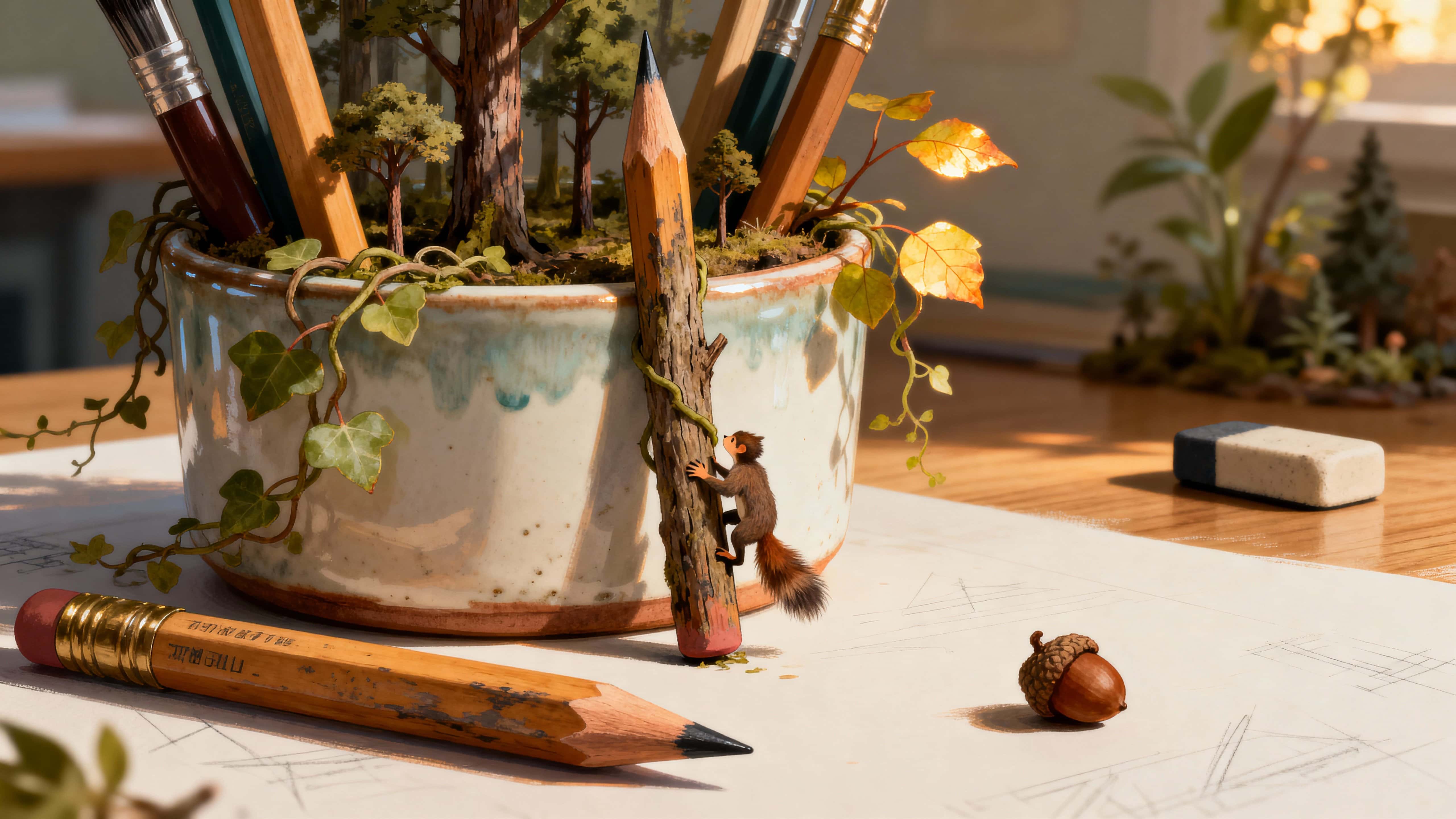 A desk pencil cup overflows with vines, tiny trees, and miniature animals while a small figure climbs a pencil like a tree trunk, creating a whimsical, intimate diorama of scale and discovery.