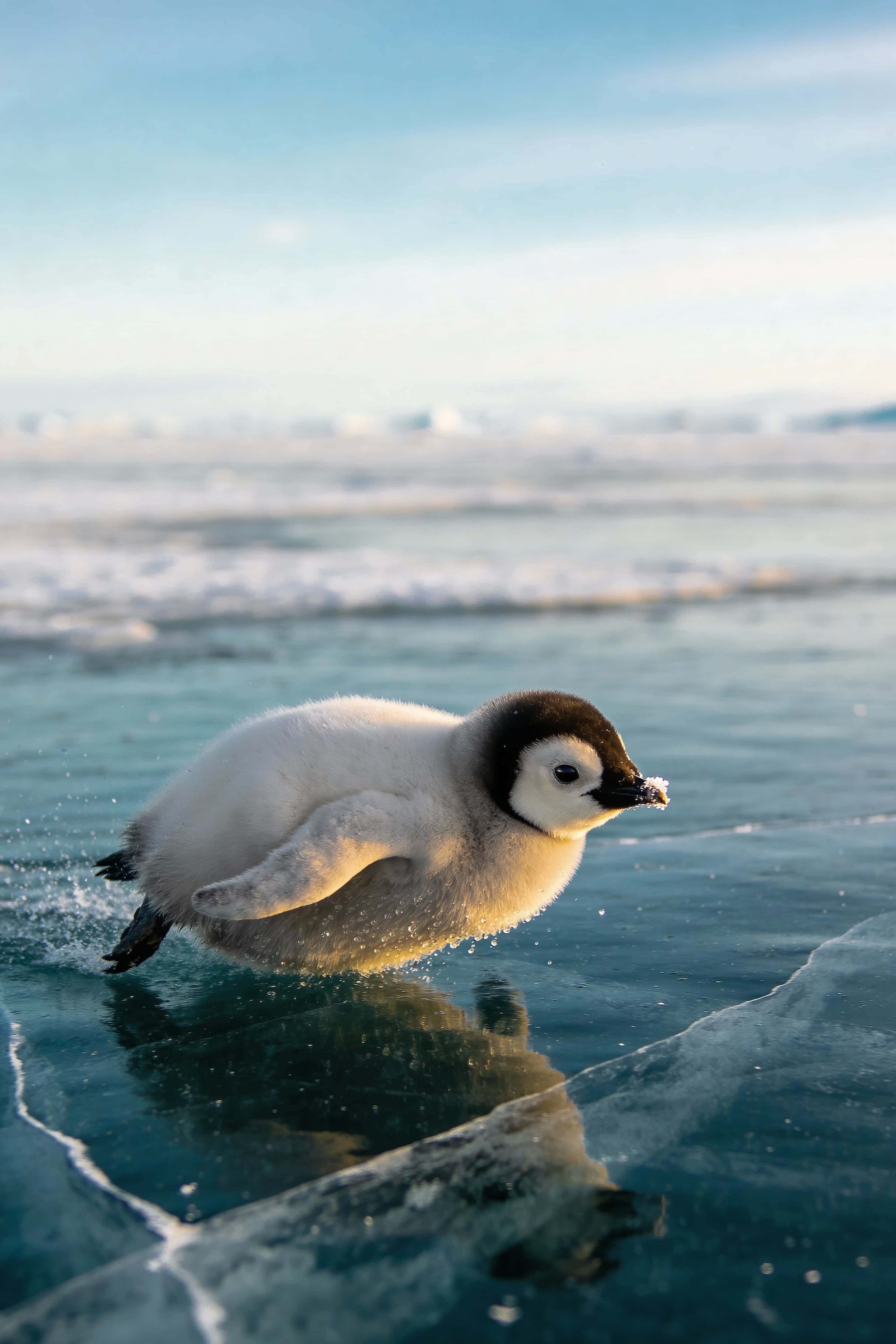 Close low-angle wildlife photograph of a penguin chick sliding across textured ice, framed for a 2:3 poster-cover with playful, naturalistic mood and crisp detail.