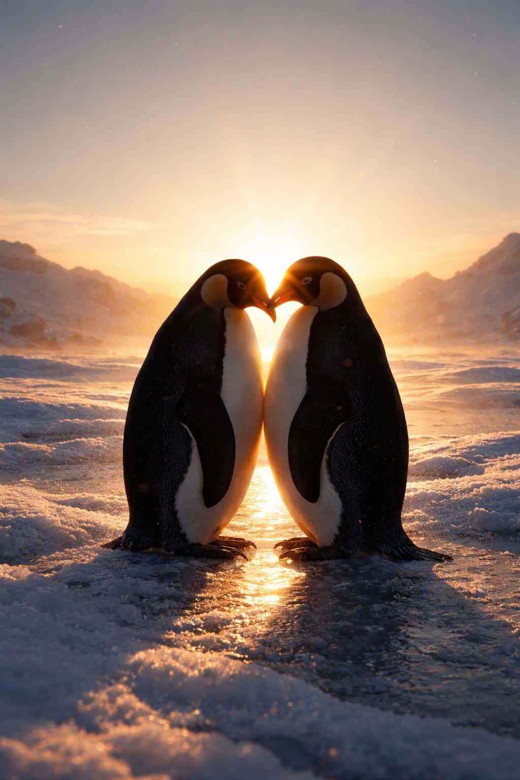 Two penguins stand close in a 2:3 vertical frame, their silhouettes forming a heart against a low golden sun over a vast frozen landscape, cold and romantic.