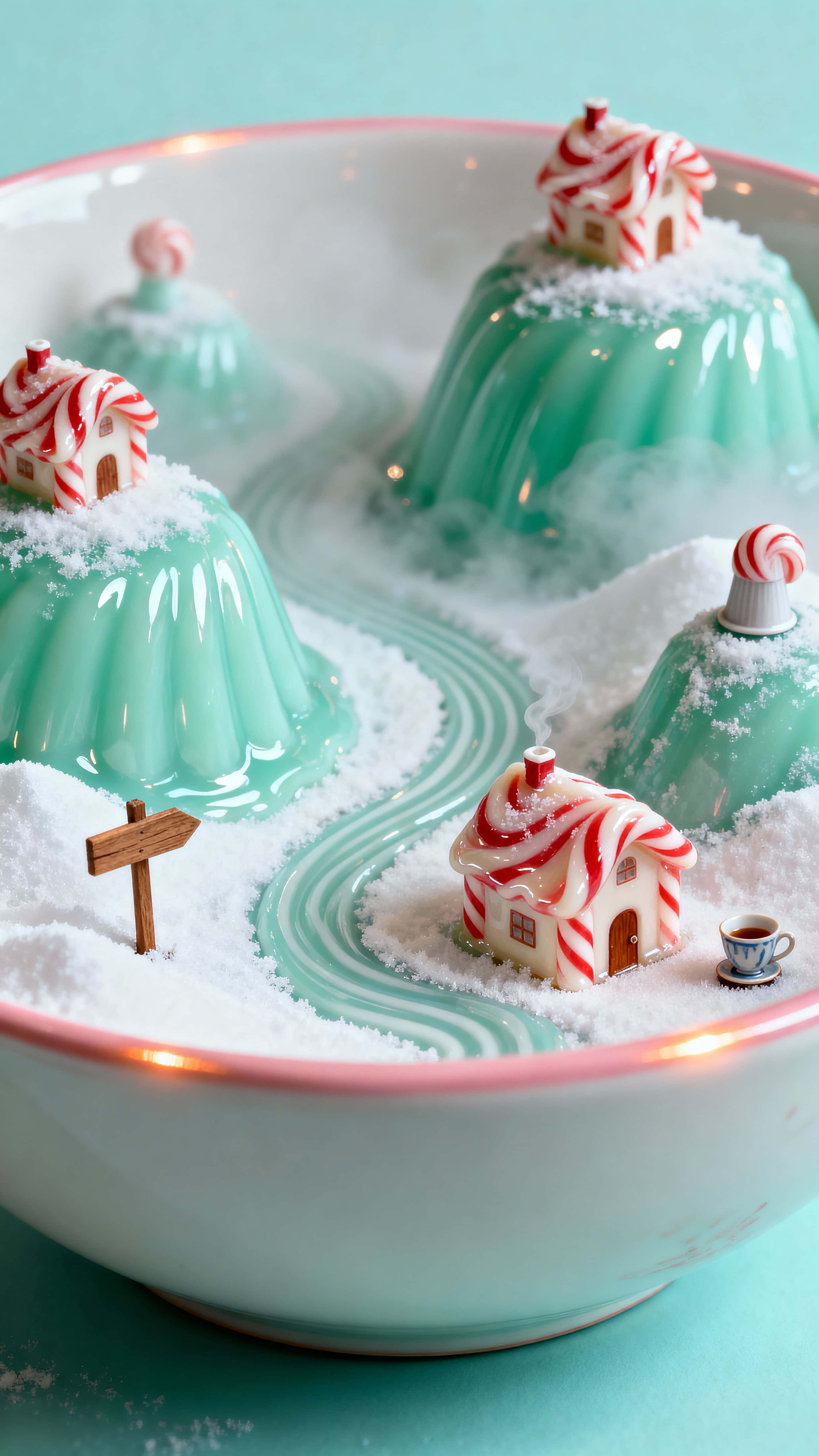 A vertical miniature peppermint swirl village set inside a glossy candy bowl, lit with gentle cool highlights and warm rim glow to feel whimsical and intimate.