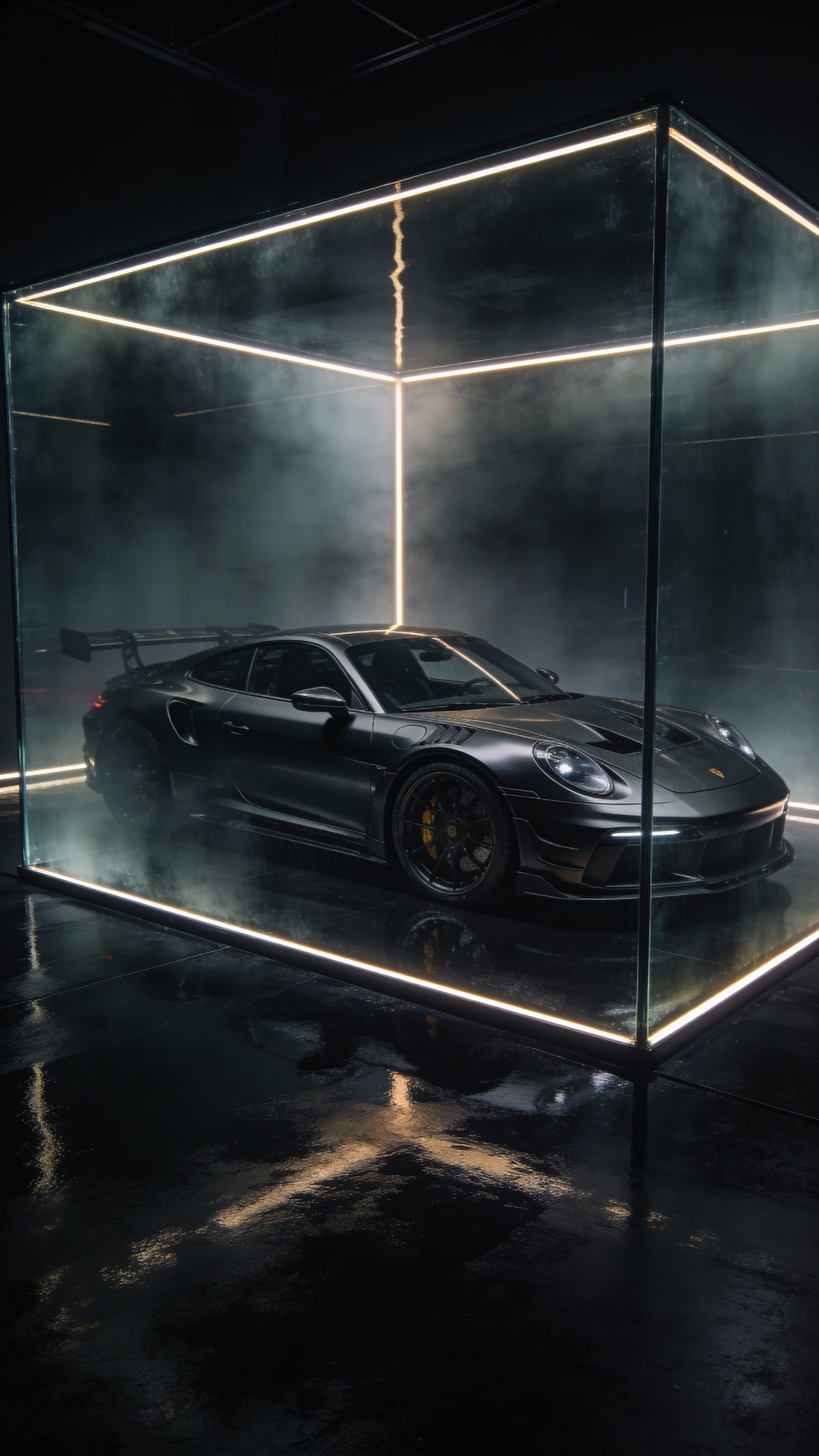 Performance car enclosed in a smoked glass cube in a dark luxury studio, with subtle edge light strips, deep shadows and a reflective black floor, framed vertically 9:16 with a tight centered crop for cinematic branding.