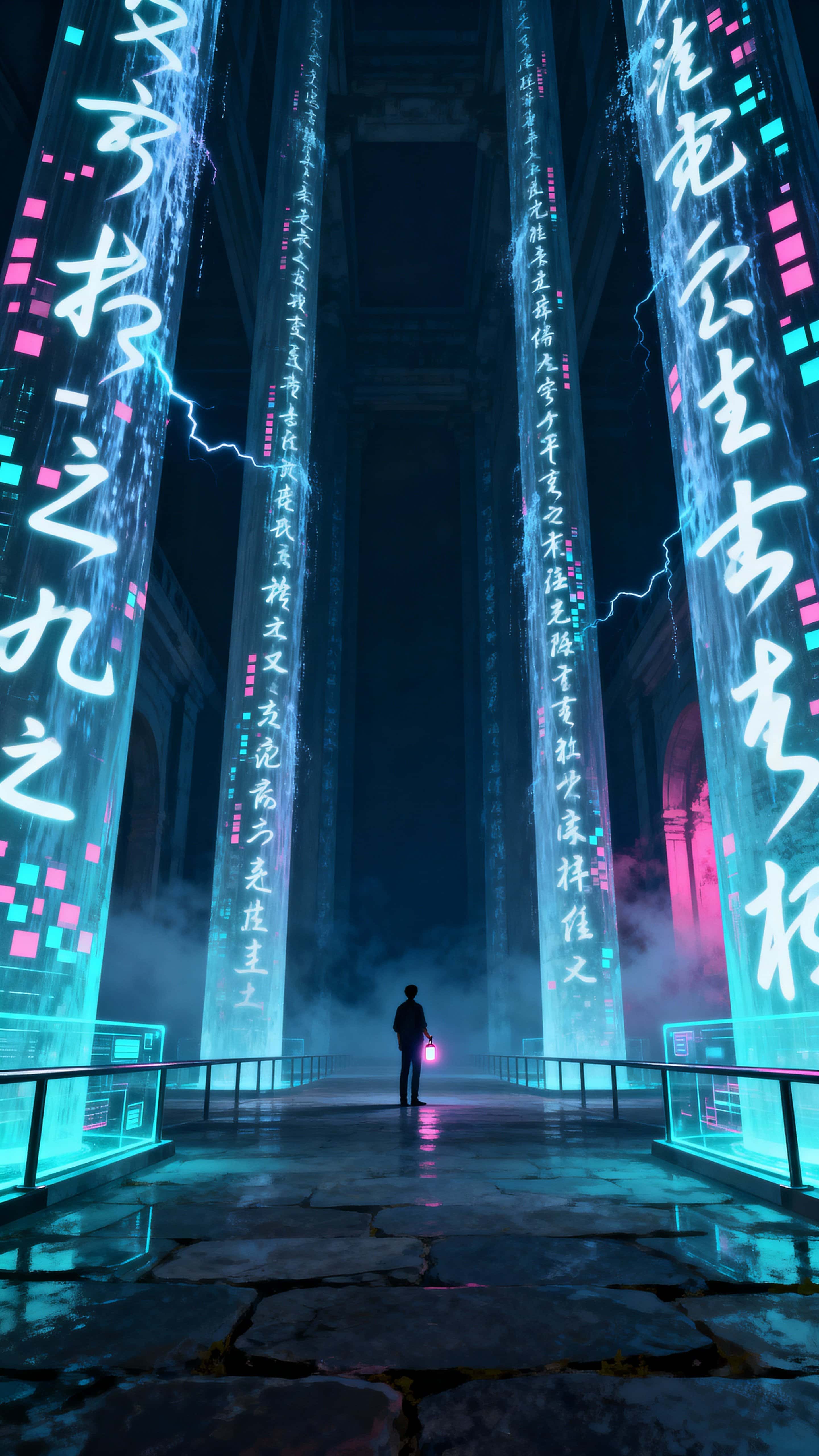 A lone person stands at the center of a cavernous dark hall as glowing columns of abstract holographic glyphs rise around them like vertical waterfalls, bathing the scene in cool neon tones and quiet awe.