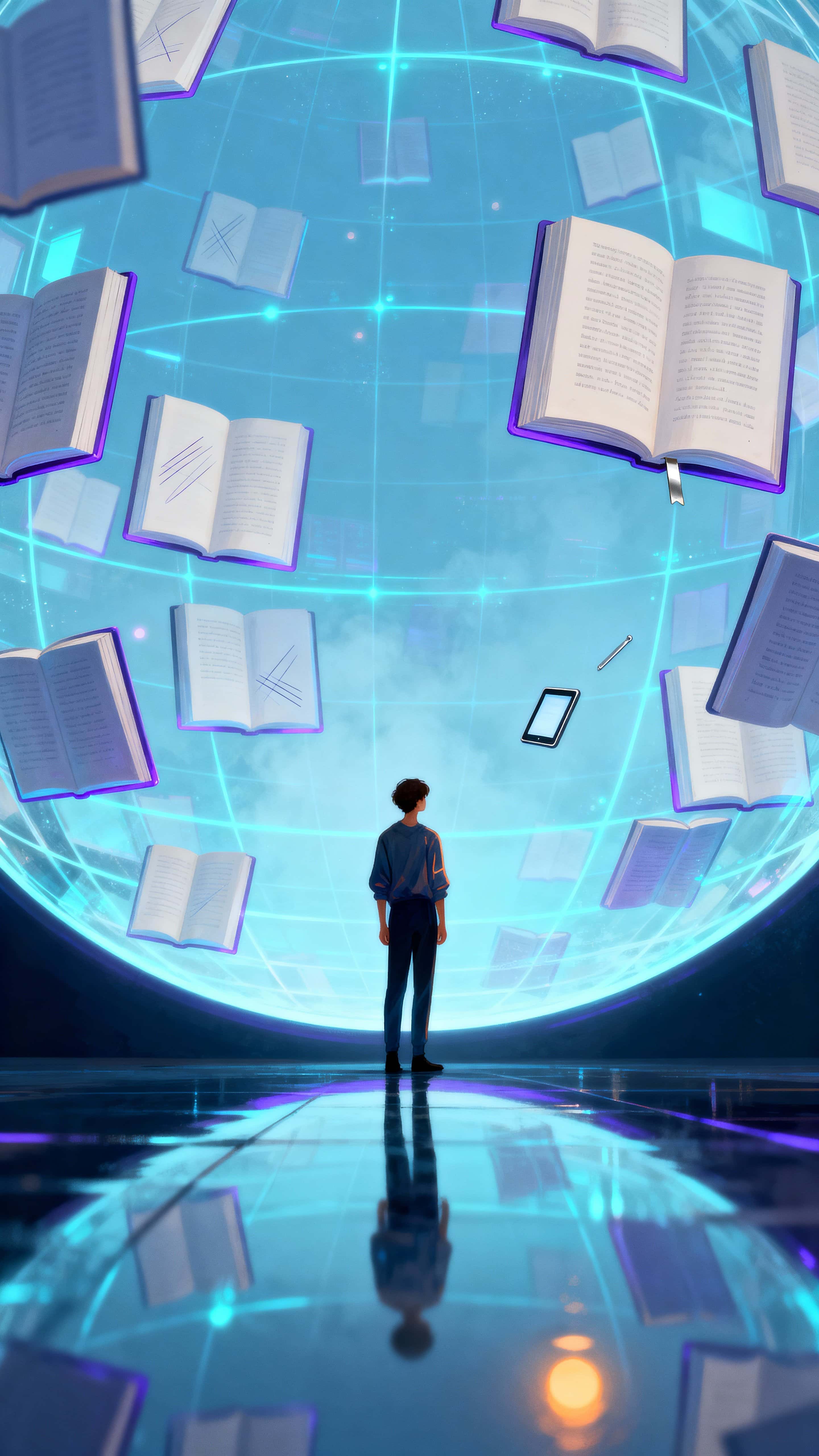 A person stands at the center of countless floating holographic pages, arranged like stars in a spherical grid, bathed in cool blue and violet light with warm amber accents.