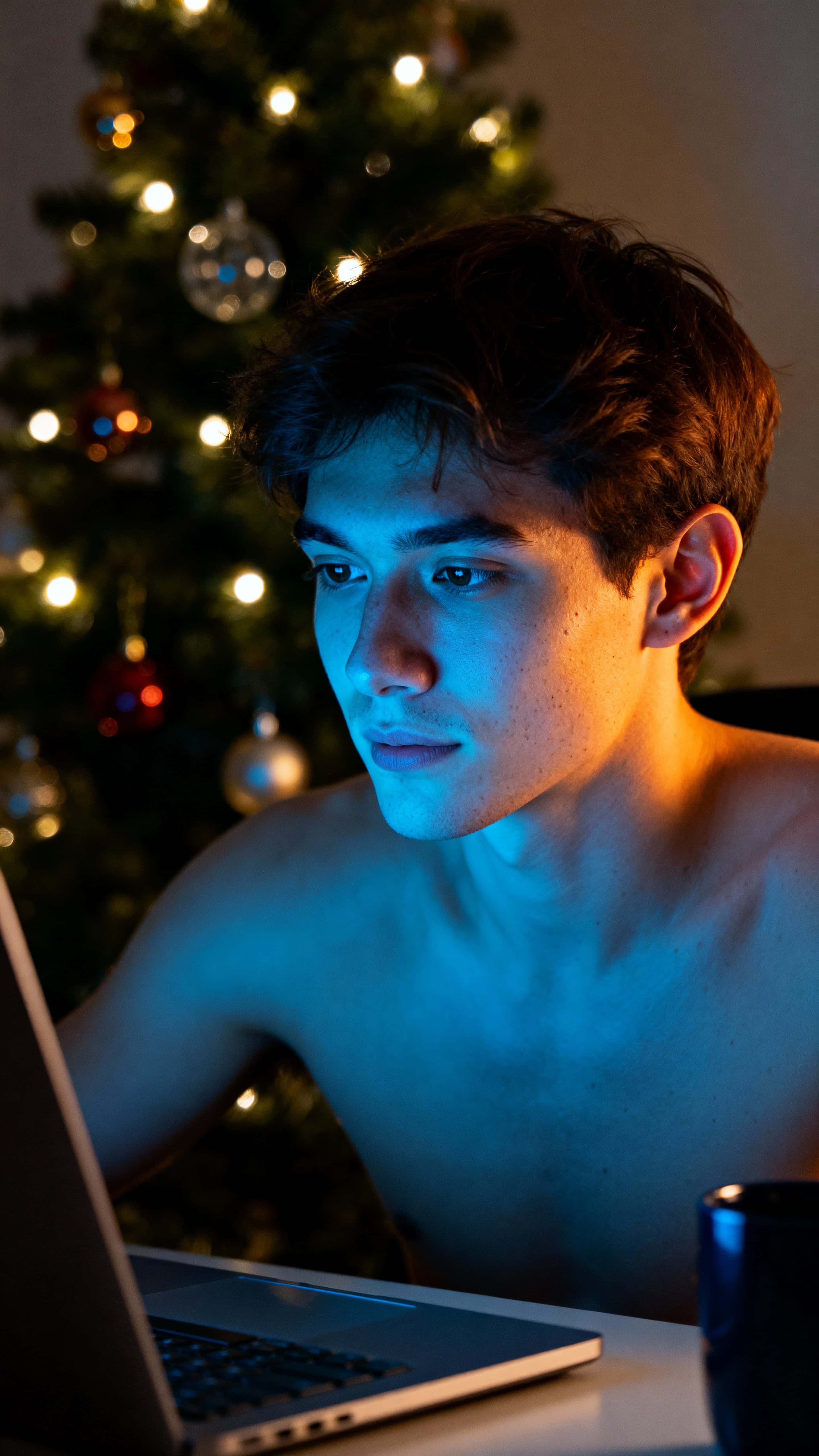 Photorealistic vertical half-length portrait at night with cool monitor glow on one side and warm Christmas-tree light on the other, creating balanced, moody contrast.