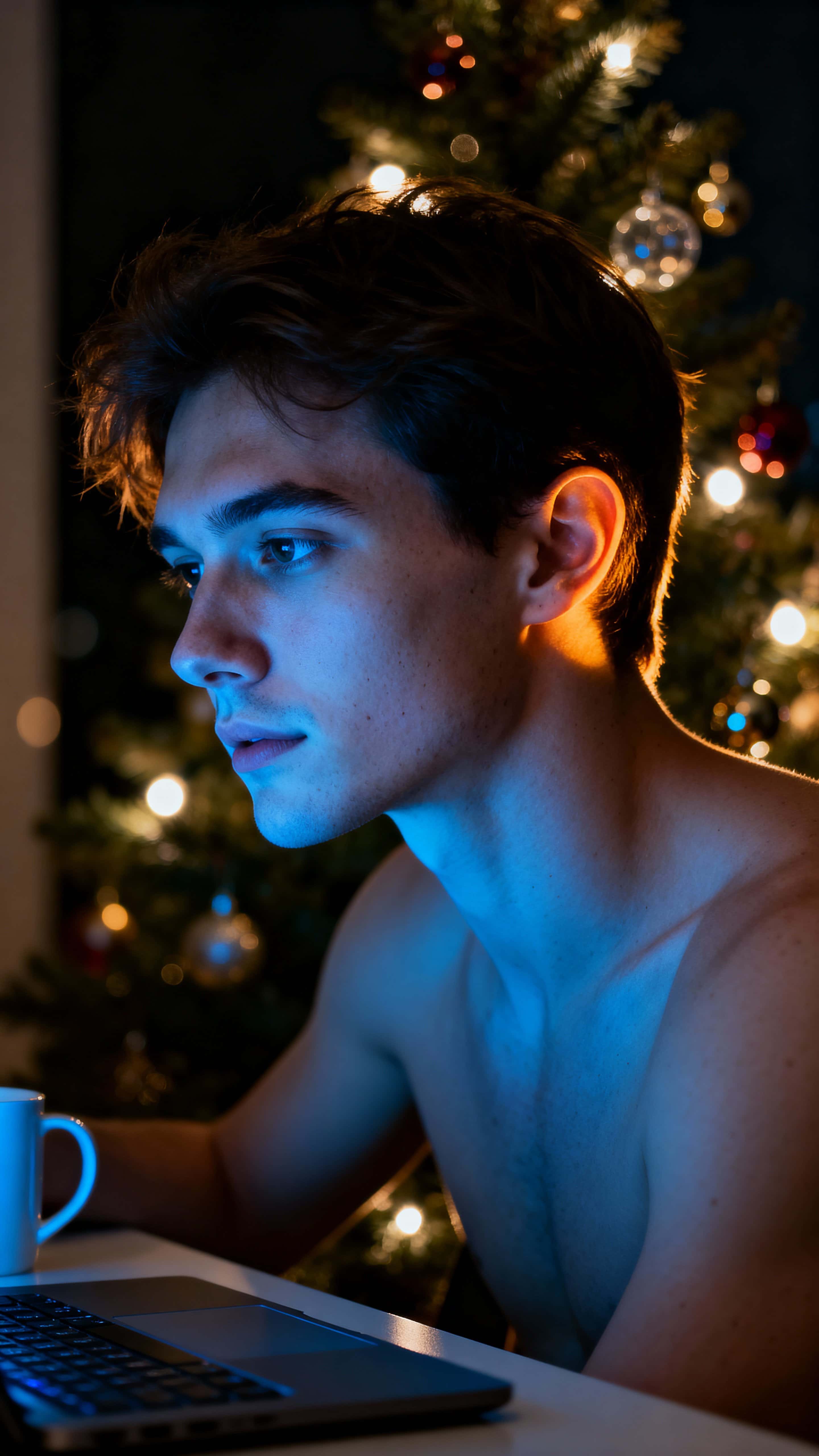 Photorealistic vertical half-length portrait at night with cool monitor glow on one side and warm Christmas-tree light on the other, creating balanced, moody contrast.