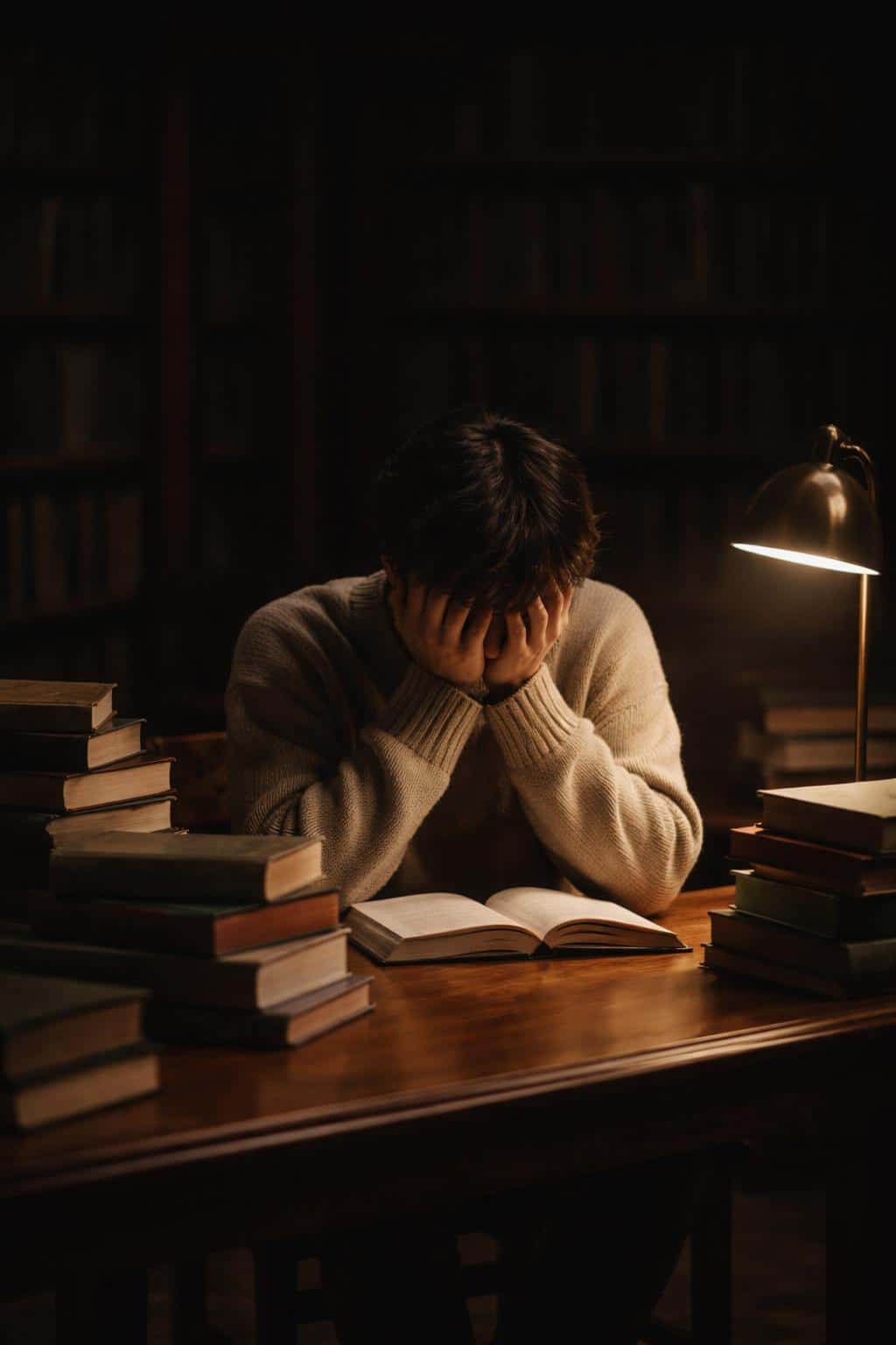 Cinematic 2:3 portrait of a late-20s person seated at a wooden library table, head in hands amid muted earth-toned books, dim warm lamp light, soft shadows, film grain and vignette conveying quiet withdrawal.