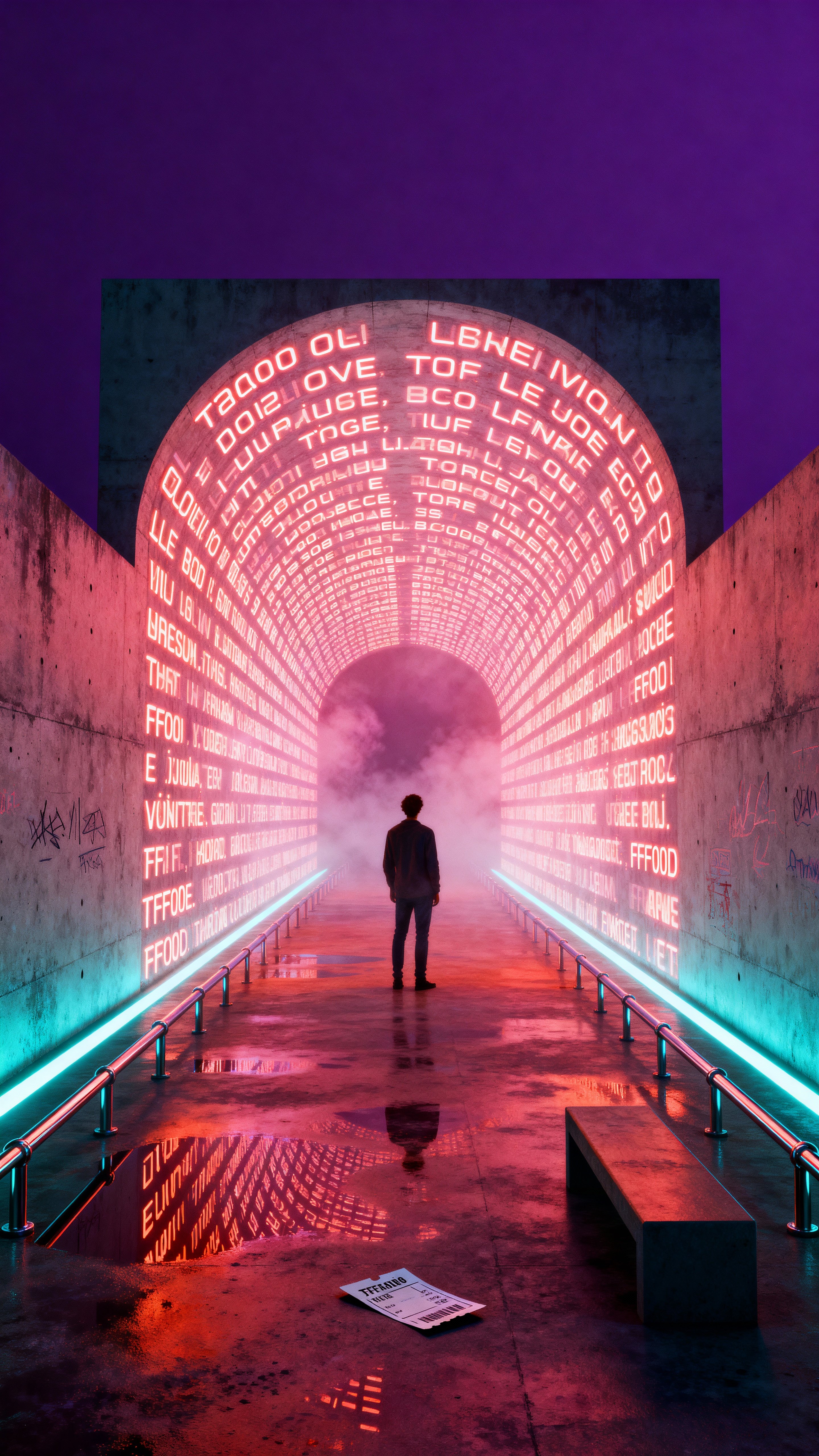 A lone person stands at the mouth of a long neon-text tunnel where streaming letters swirl around them and recede into a glowing, vertiginous distance, framed vertically for effect.