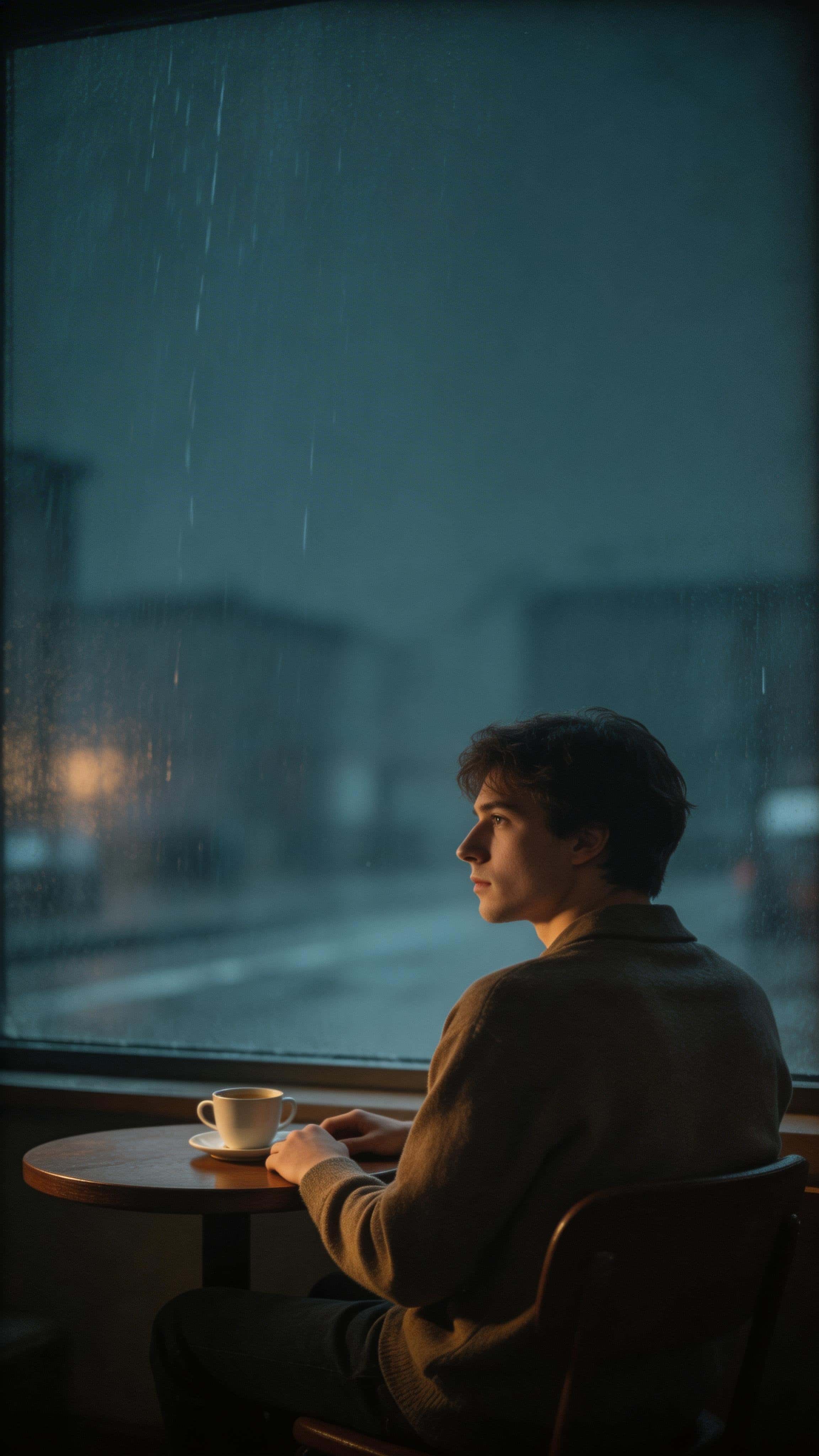 Cinematic 9:16 editorial interior portrait of a mid-20s person seated at a round table by a rain-smeared window, calm and distant with warm amber interior light and cool grey-blue outside.