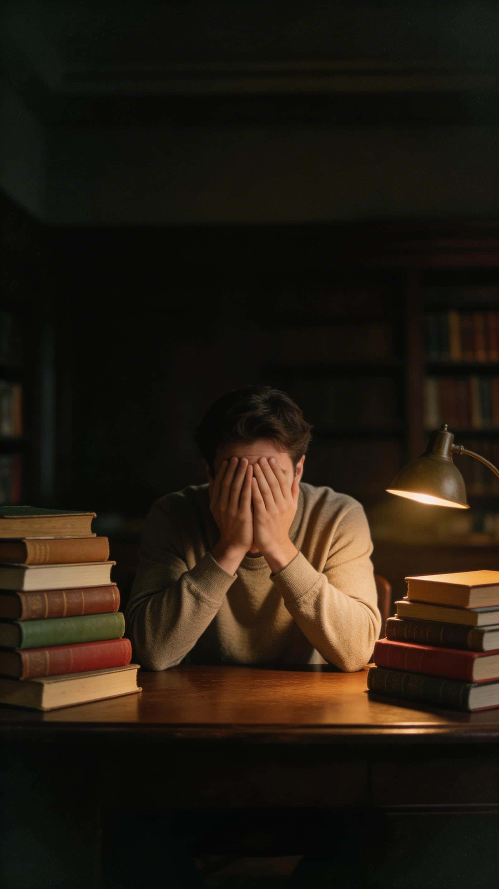 Cinematic 9:16 interior portrait of a late-20s person collapsed at a wooden library table amid stacked muted-earth books, warm lamp glow, soft grain, and dark upper third.