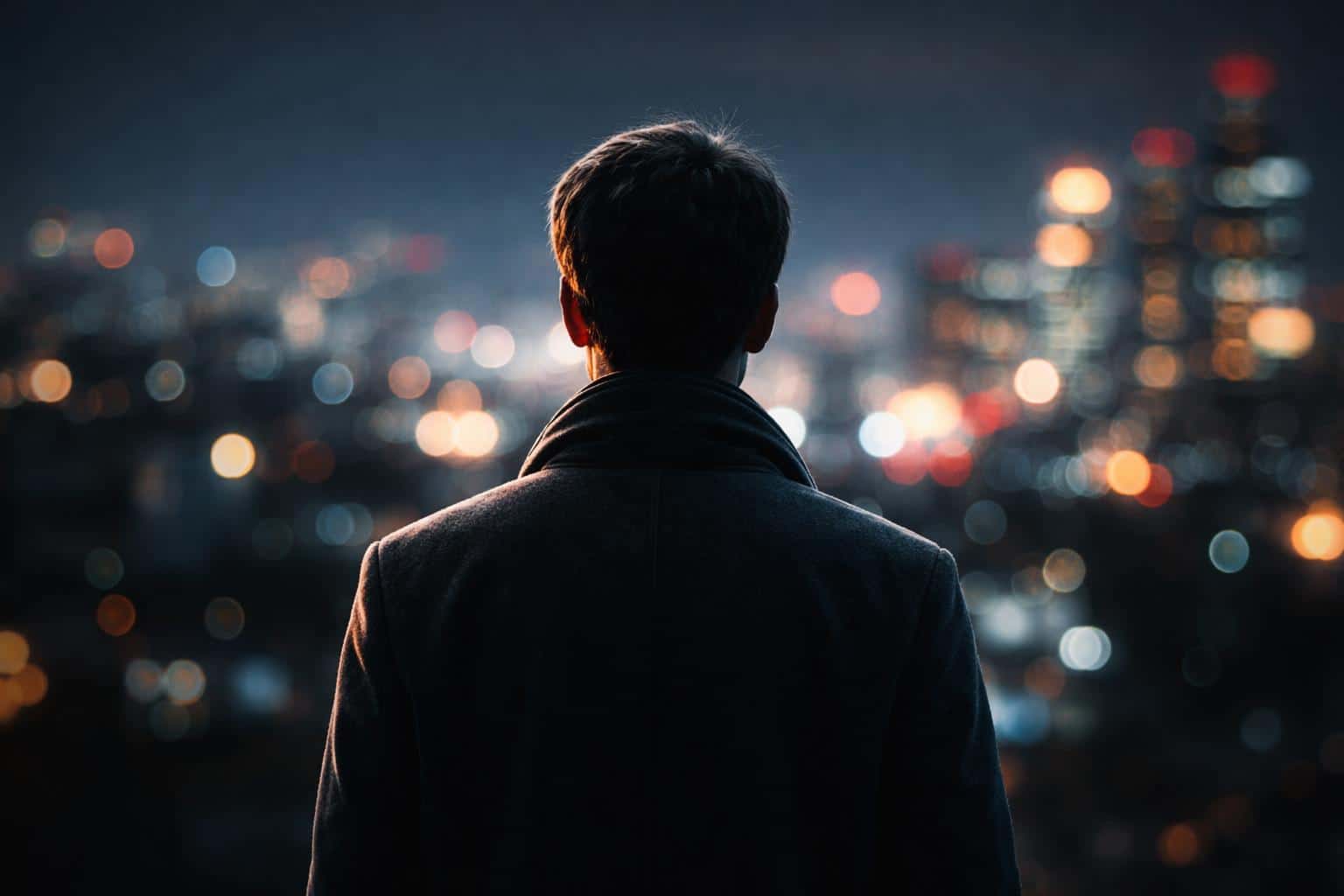Back view of a lone person facing blurred city lights at night, captured in an editorial portrait photography style and composed for a 3:2 poster-cover layout.