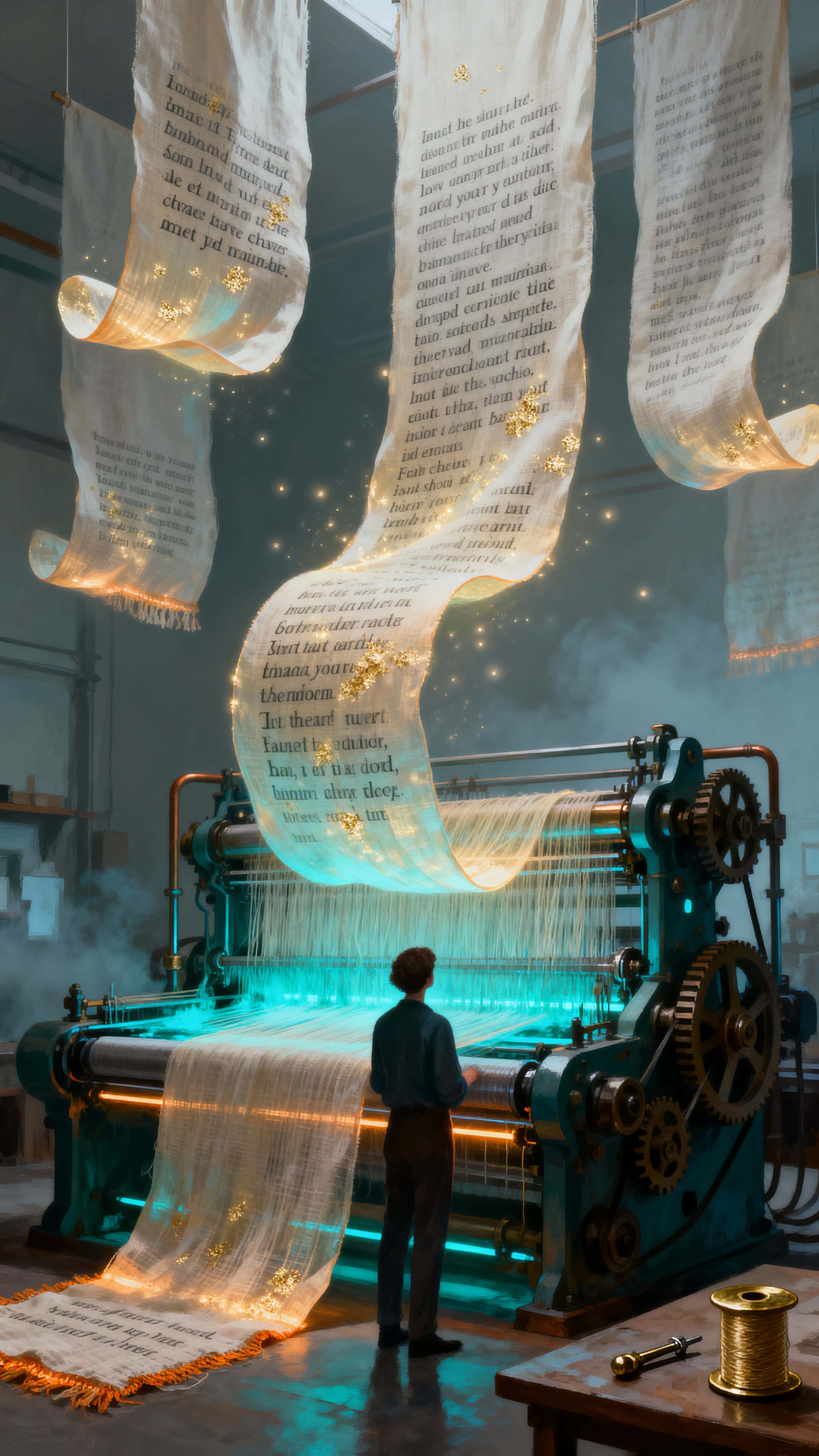 A person stands before a monumental machine that weaves glowing words into vast floating tapestries of text that ripple and shift like cloth in a dim, reverent workshop space.