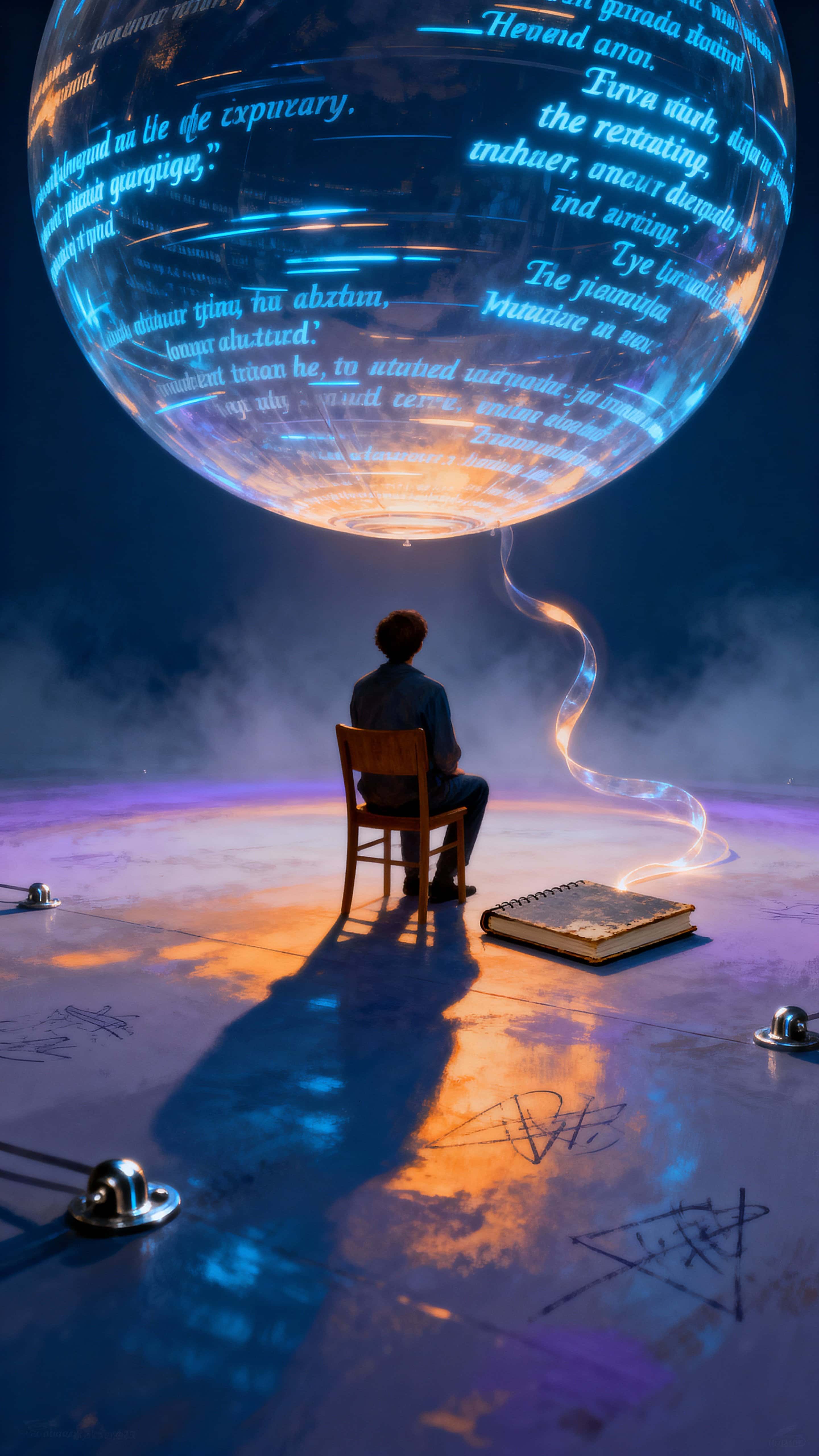 A seated person rests on a chair beneath a massive levitating sphere made of rotating luminous text fragments that pulse like a living organism in a hushed interior void.