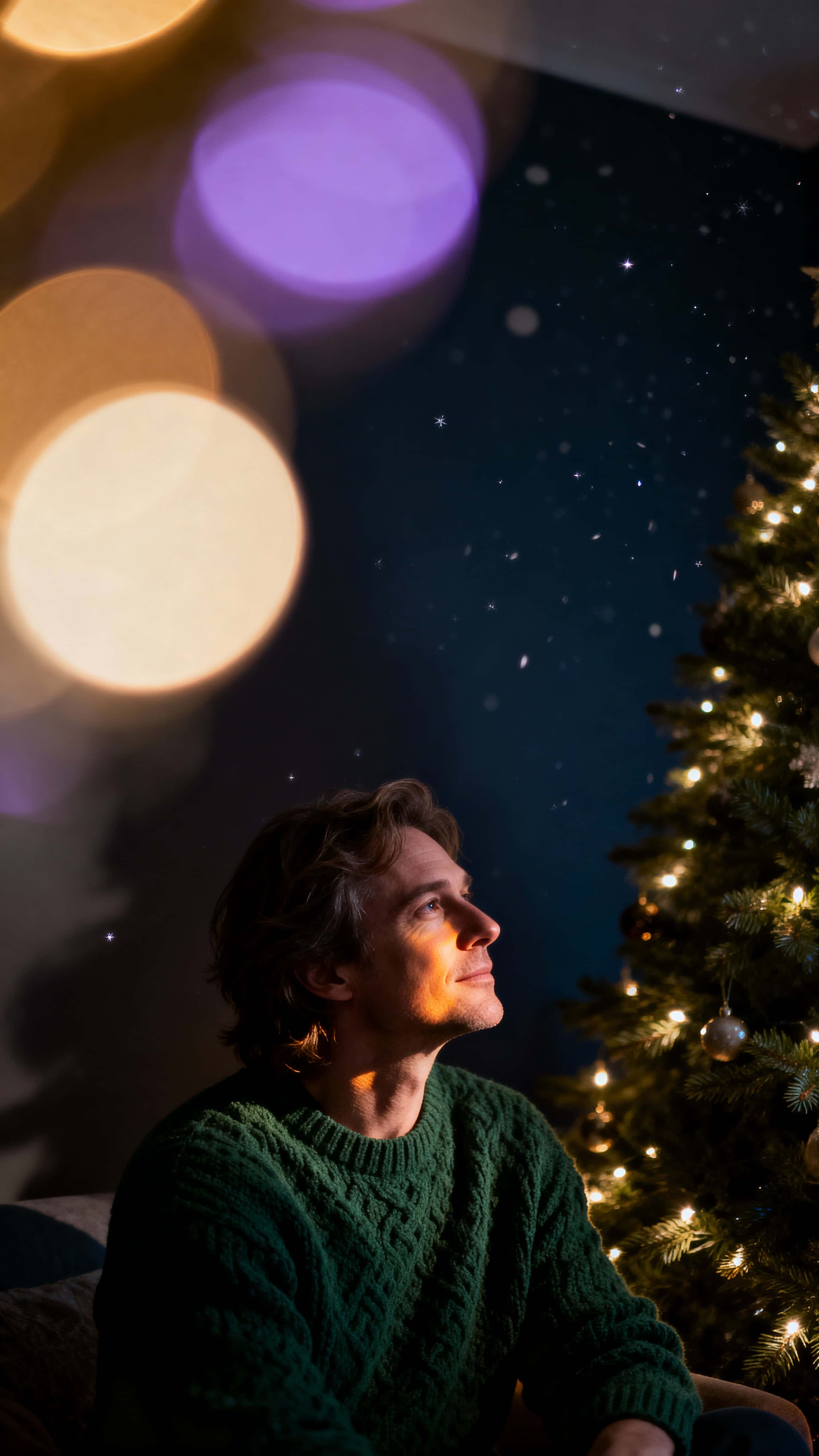 Vertical 9:16 cinematic scene of a seated person beside a softly glowing Christmas tree, heavy warm bokeh and drifting sparkles create a whimsical, intimate mood.
