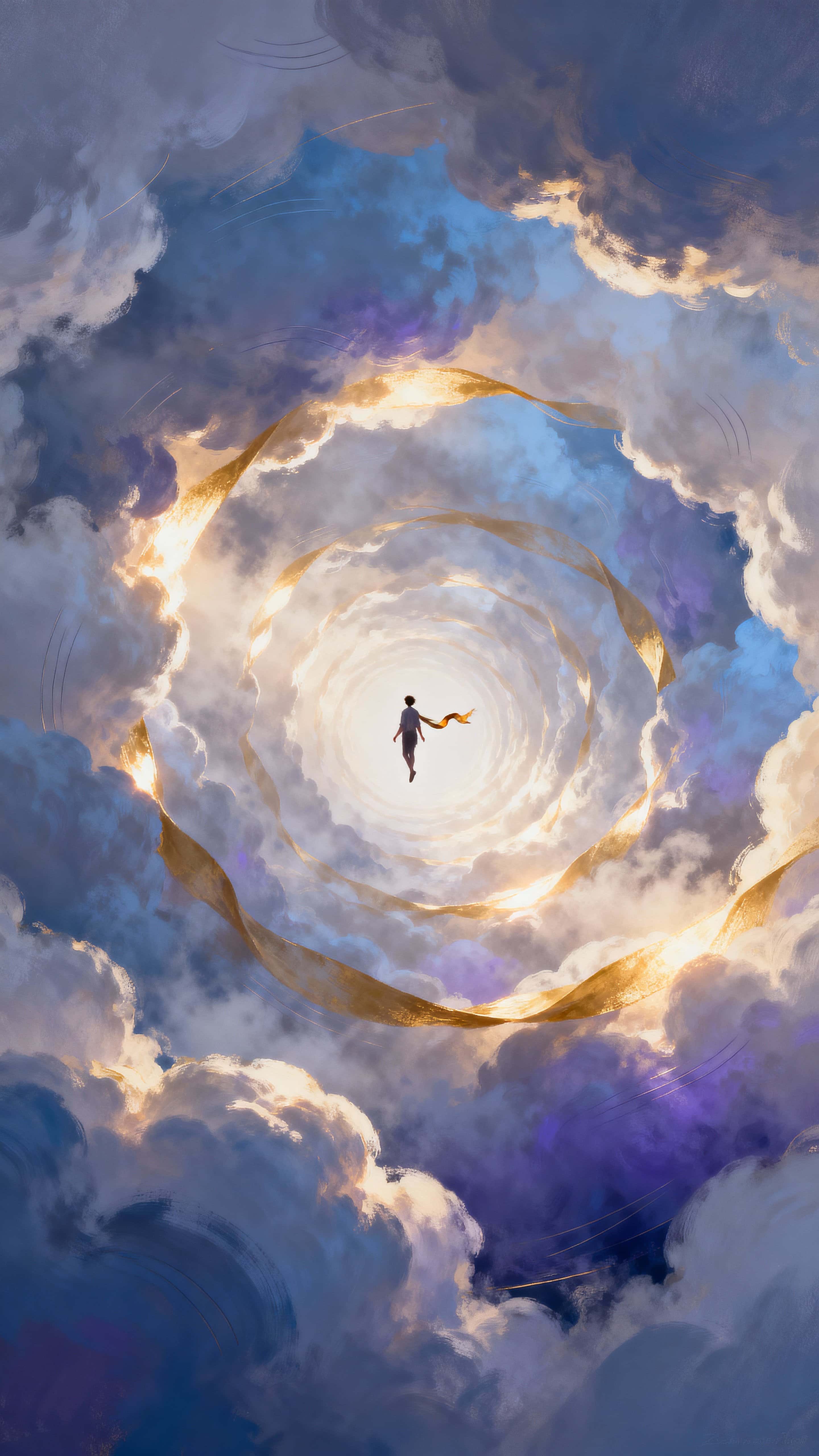 A lone person drifts through a spiraling tunnel formed of glowing clouds as sunlight ribbons twist around them, framed in a tall 9:16 vertical crop to emphasize motion and scale.