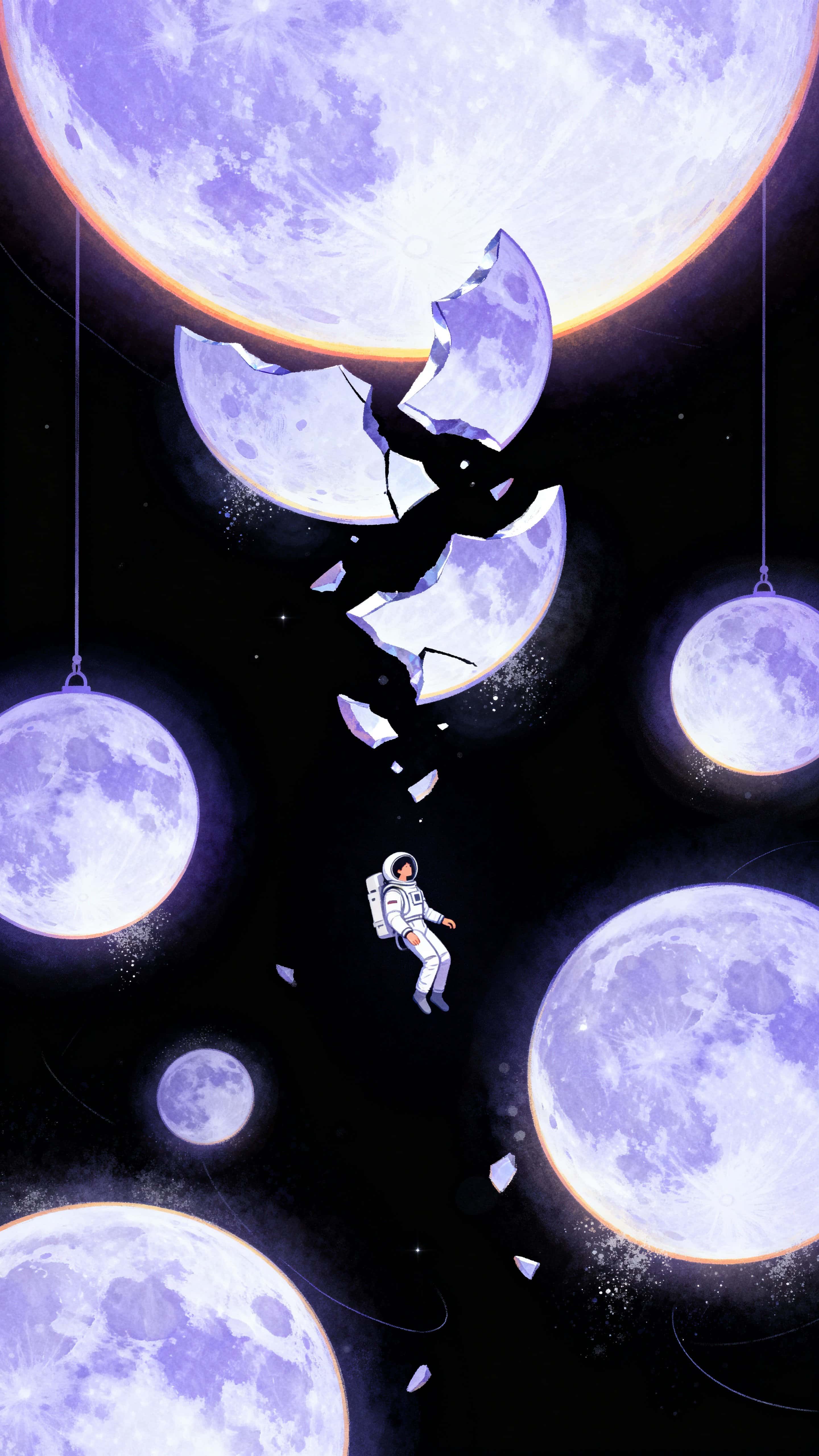 A solitary person floats through velvet space while a nearby moon hangs in fractured glowing pieces, each shard radiating soft light and quiet wonder around the figure.