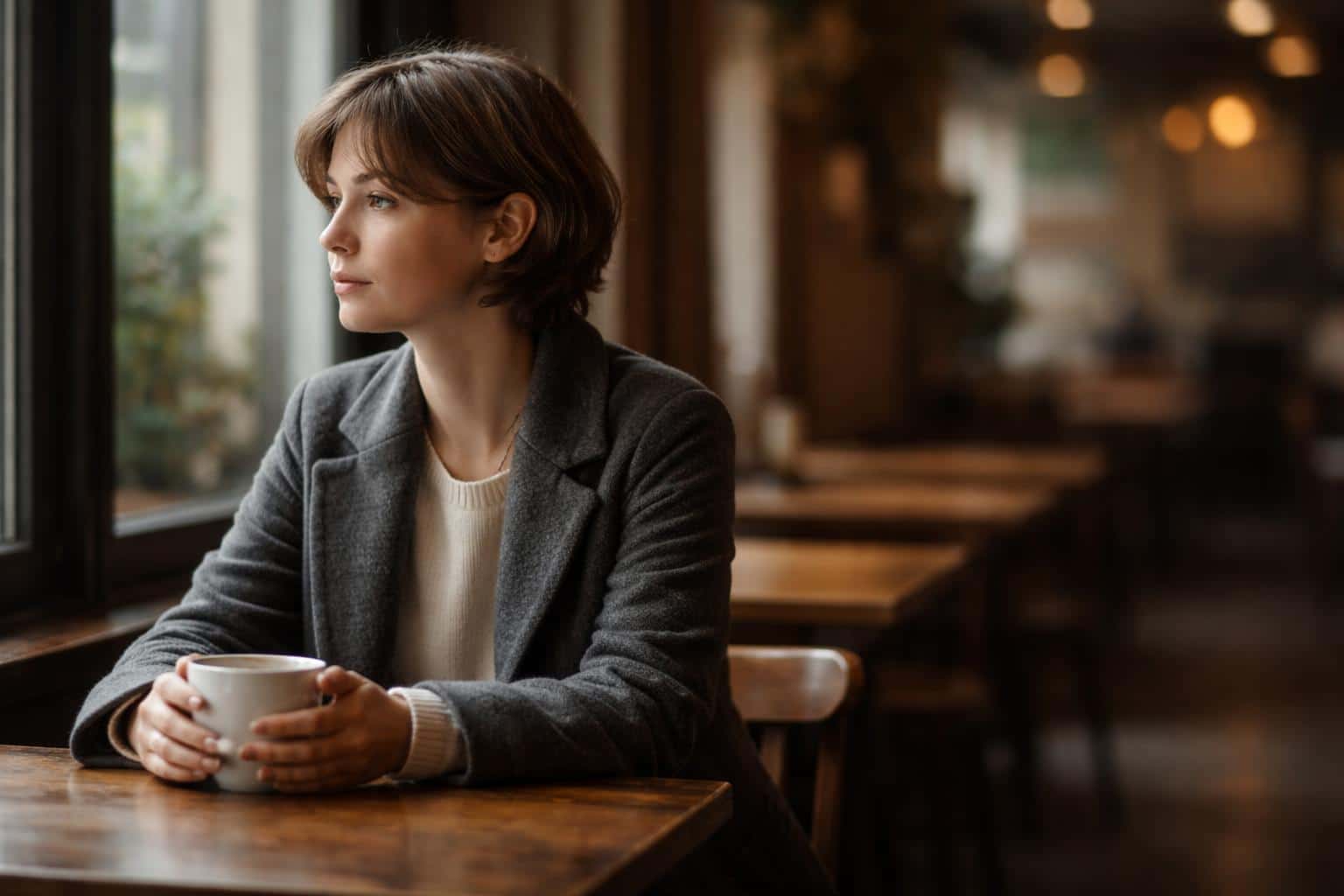 Solitary person seated at a café table, captured as an editorial portrait photograph with shallow depth and soft window light, intended for social-post use.