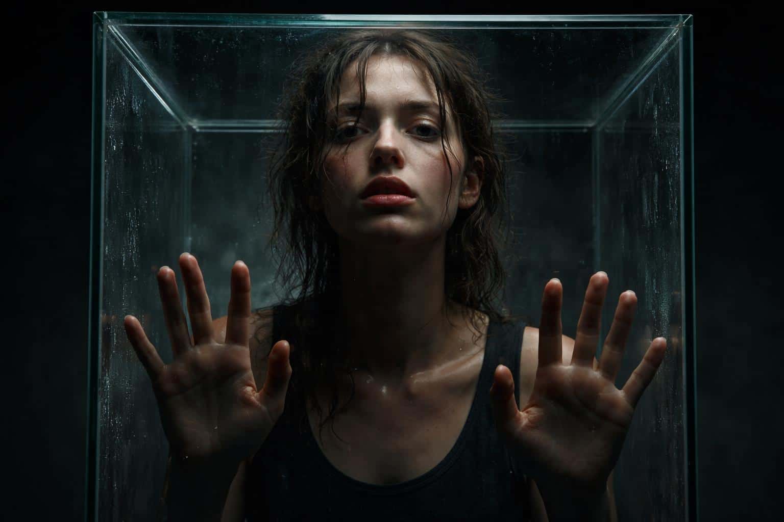 Close-framed fine-art portrait of a person screaming silently inside a glass box, shot with claustrophobic low-key lighting and poster-ready composition guidance.