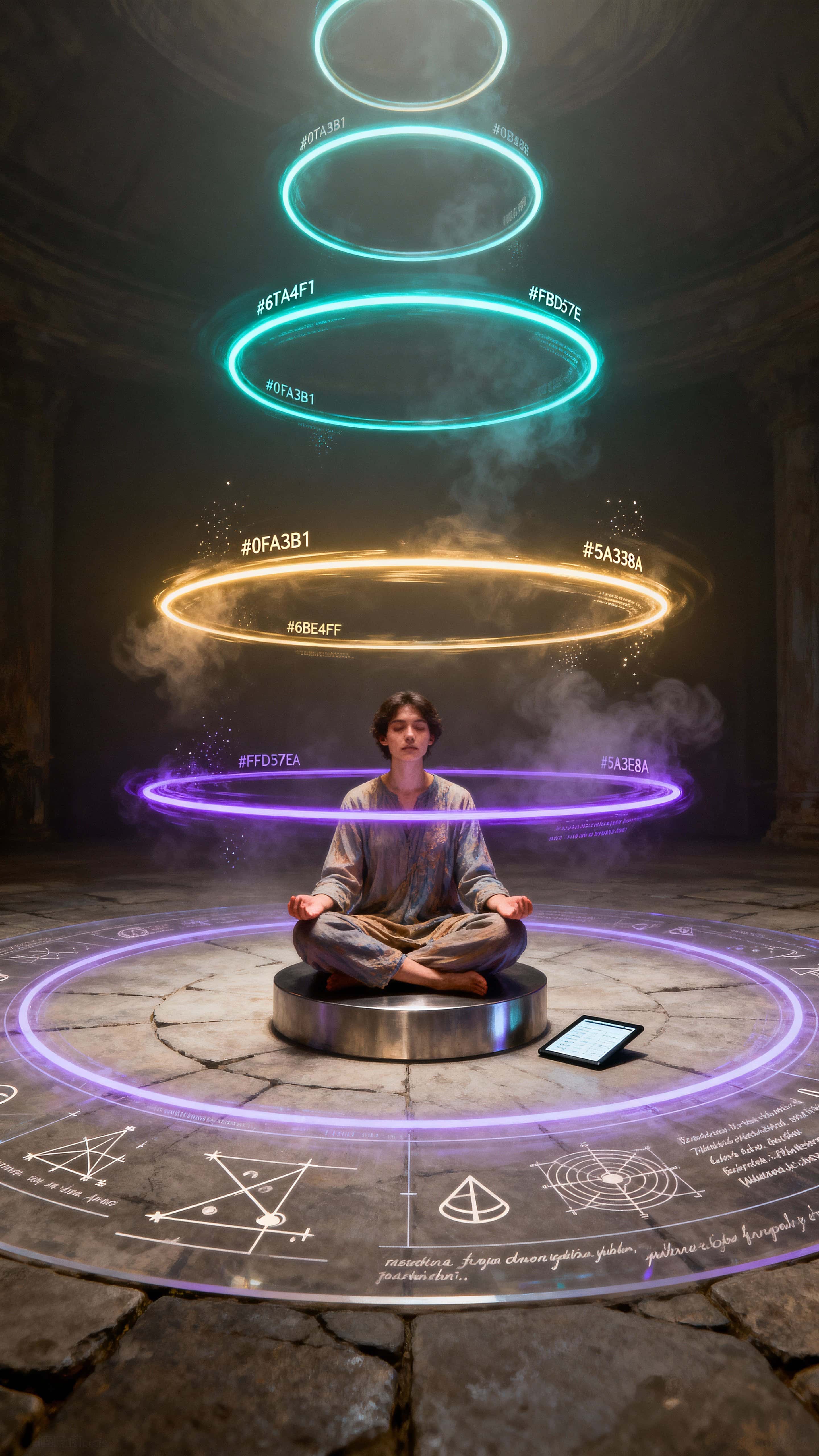 A lone person sits at the center of a dark circular chamber as dozens of glowing holographic rings orbit them at varied speeds, each ring etched with symbols, diagrams, and fragments of text, creating an immersive, mysterious tableau.