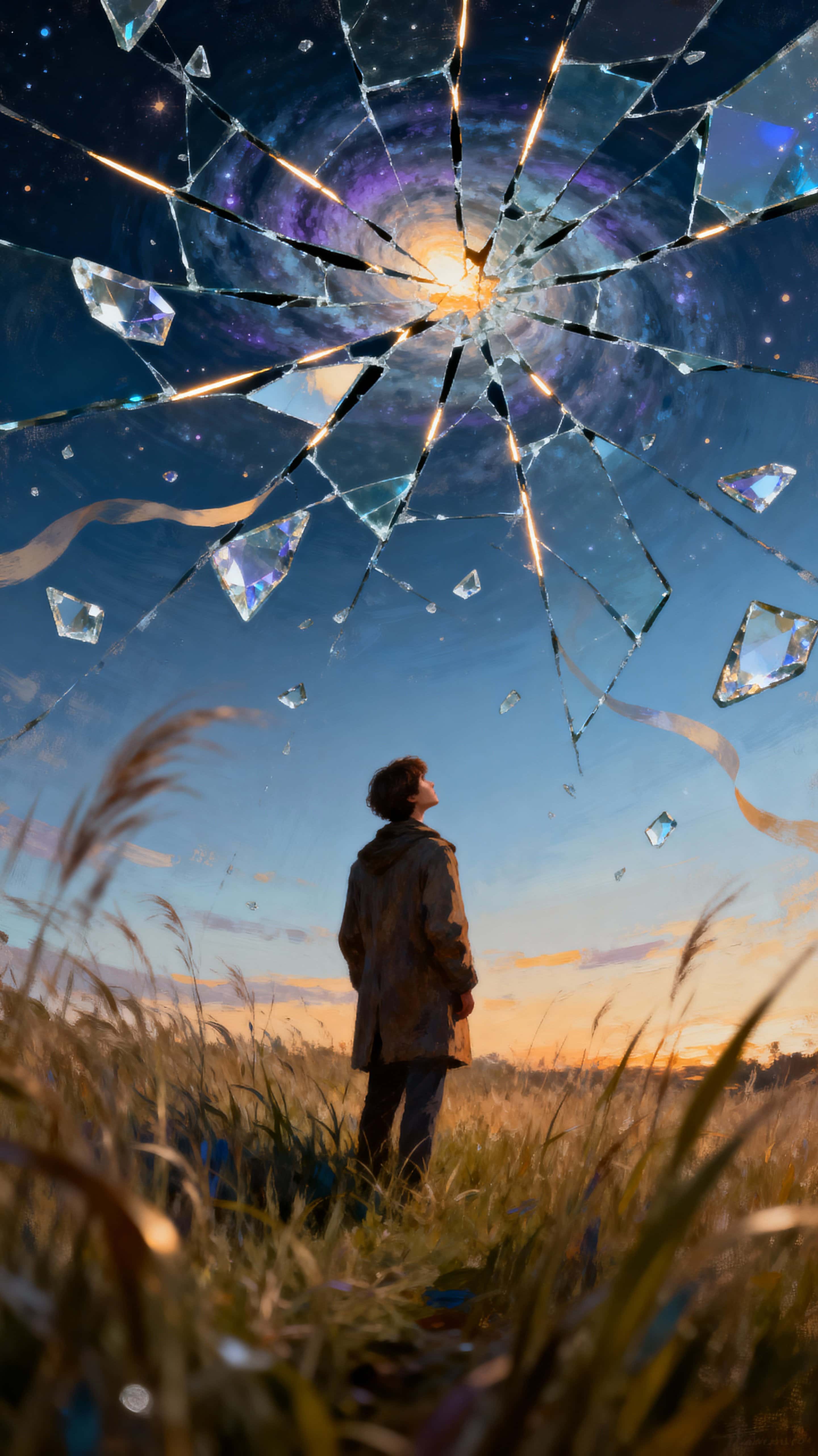 A solitary person stands in a windswept meadow beneath a sky that fractures like glass, as galaxies swirl and warm light leaks through each shimmering crack.