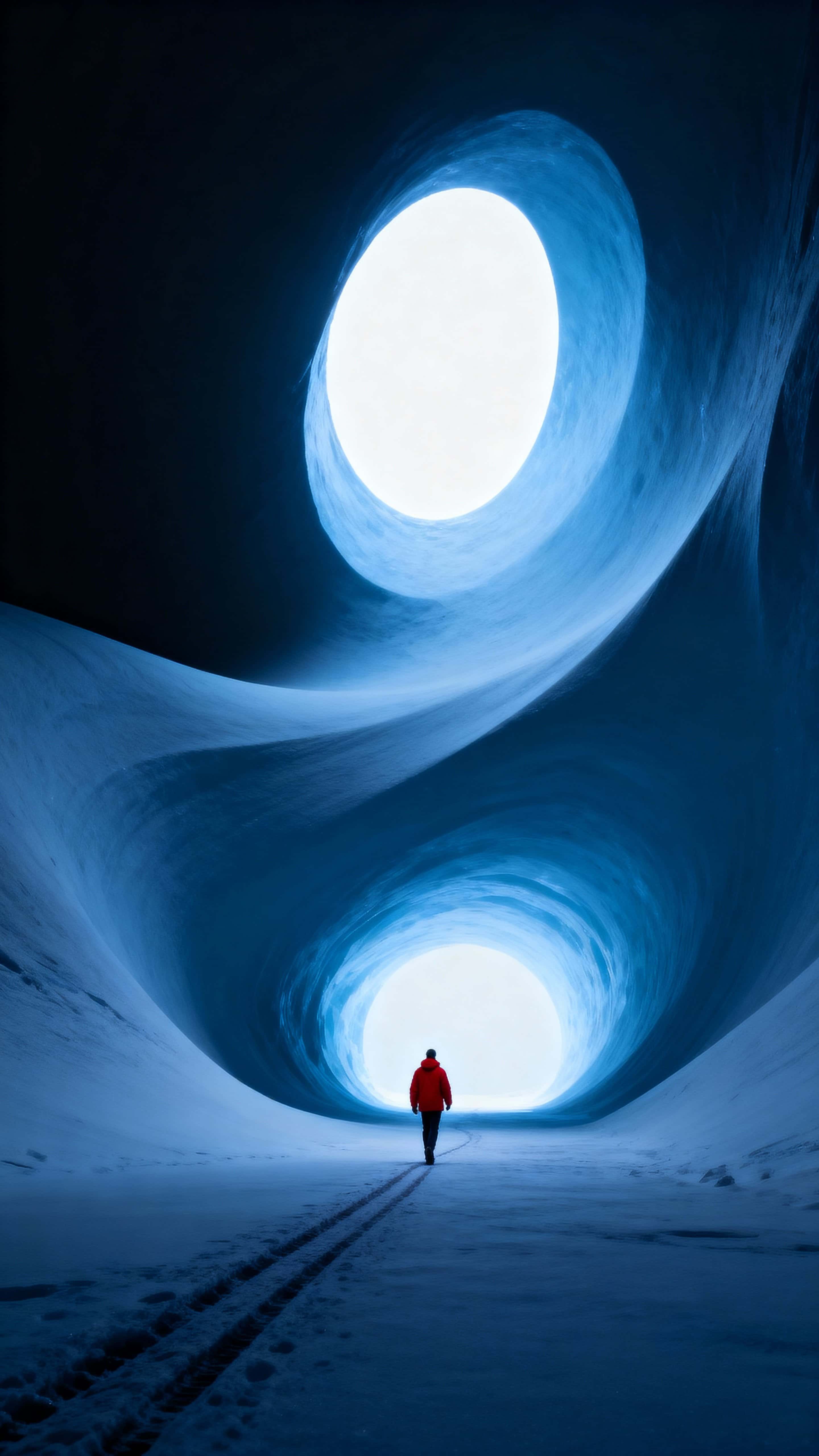 A lone person in a red jacket walks through a vast, smooth tunnel like a flowing ice cavern toward a bright oval exit that casts soft blue light across curved walls.