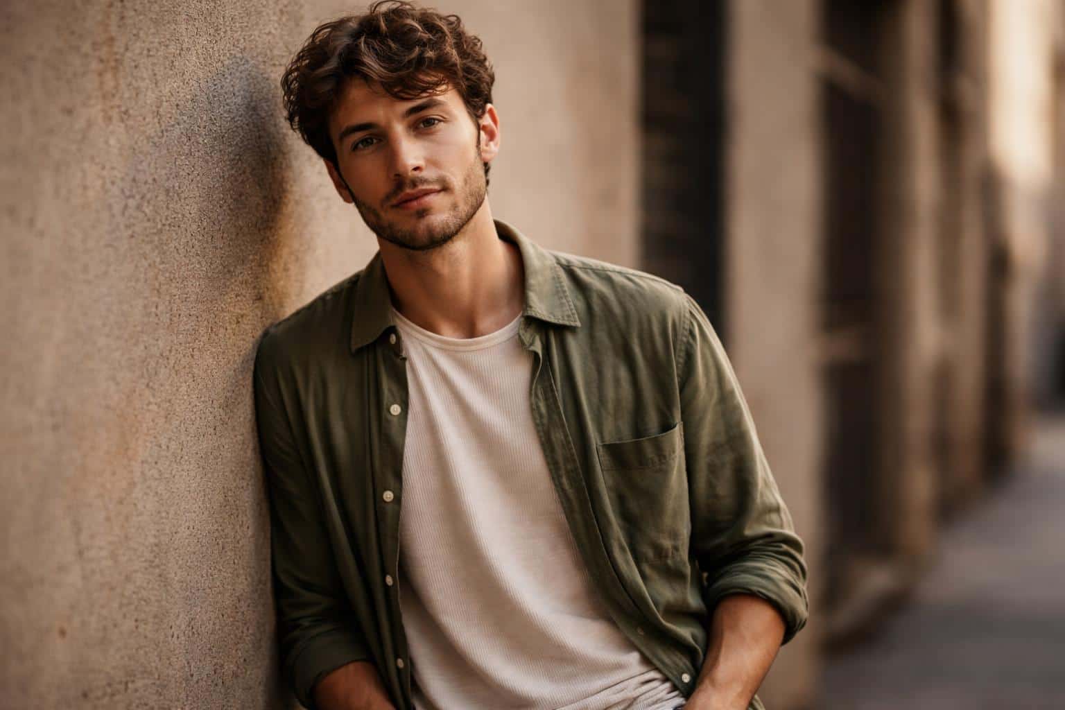 Candid portrait of a person leaning against a textured wall in natural light, framed for a 3:2 aspect ratio with relaxed posture and an editorial mood.