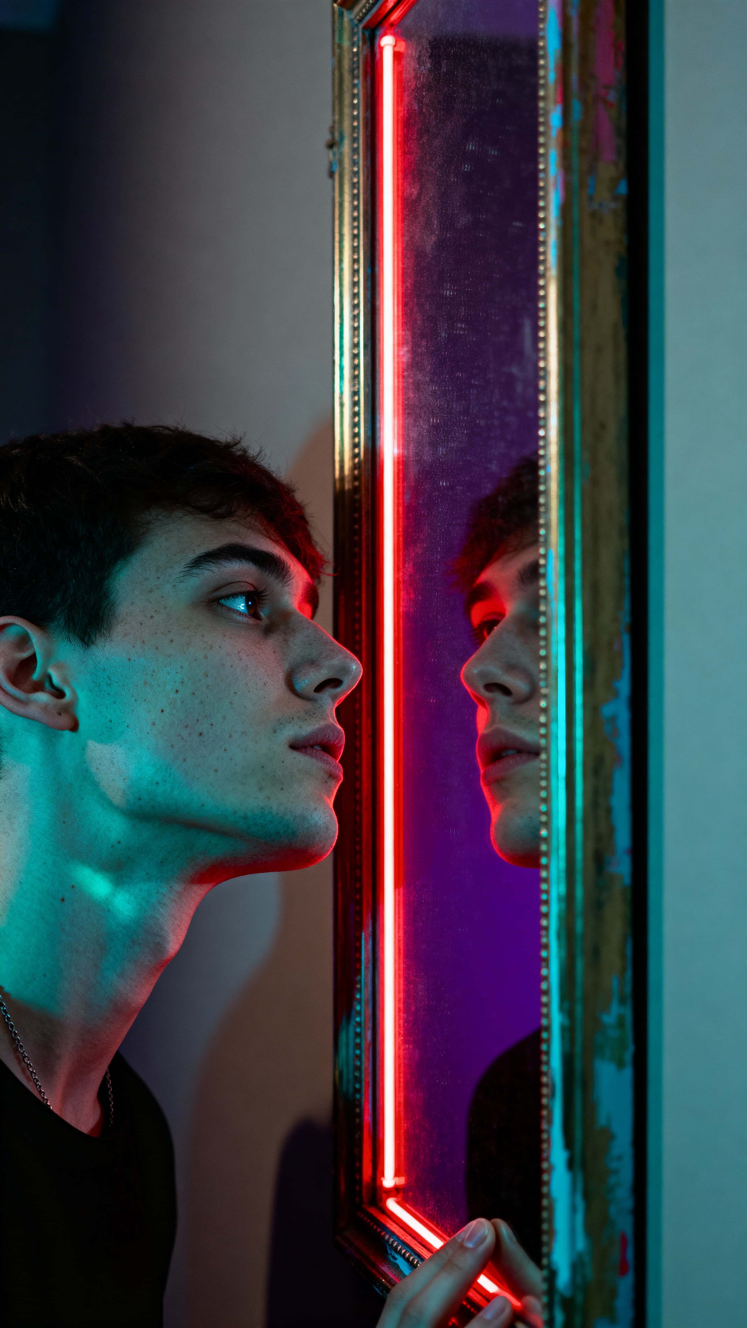 A figure leans toward a mirror in a tall 9:16 frame, one side submerged in deep shadow and cyan light while the reflected face is struck by harsh red neon, creating a tense duality of color and mood.