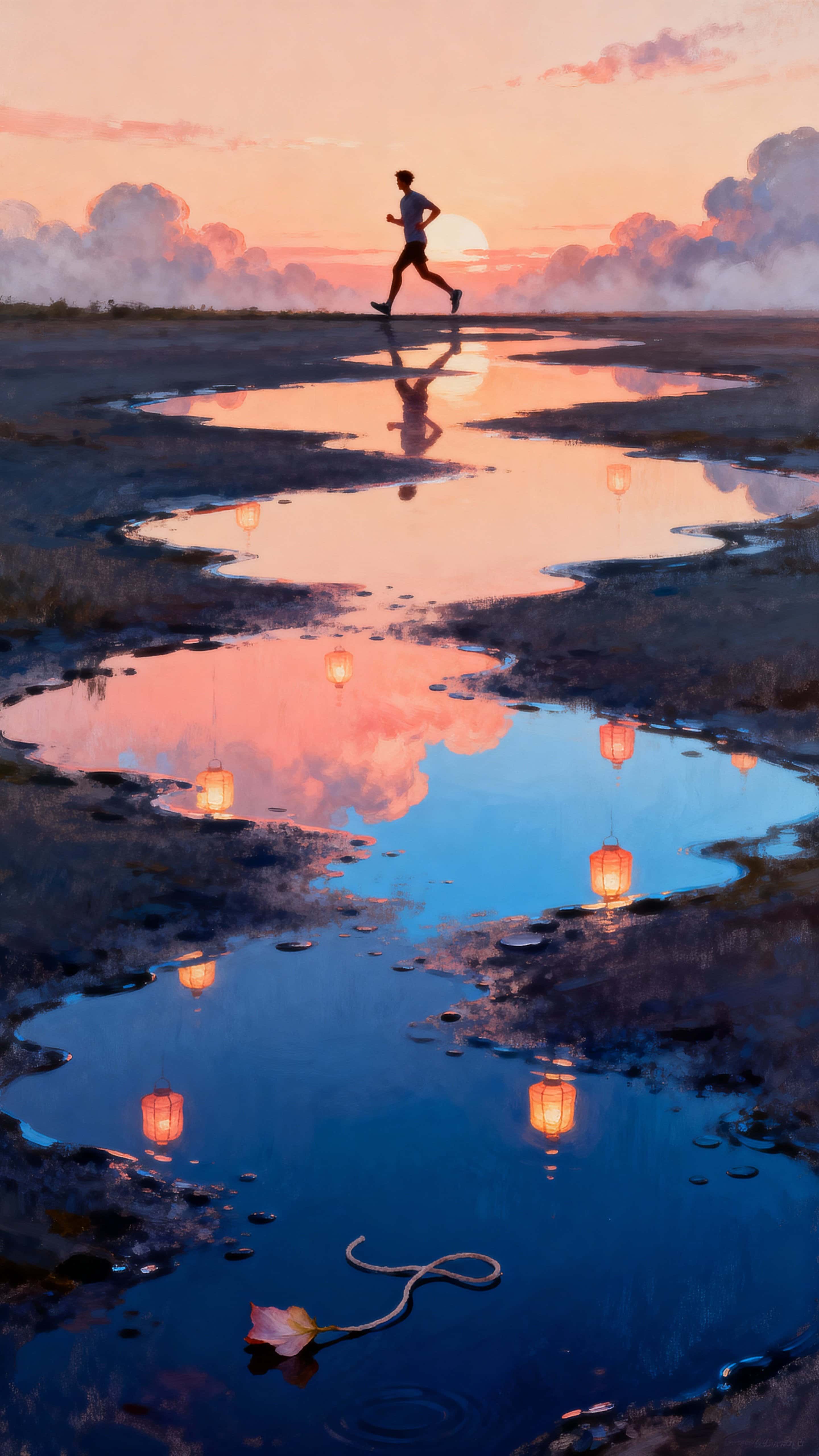 A lone person runs across floating puddles that hang in a sunrise sky, each reflective pool catching coral and peach light while the scene feels airborne and serene.