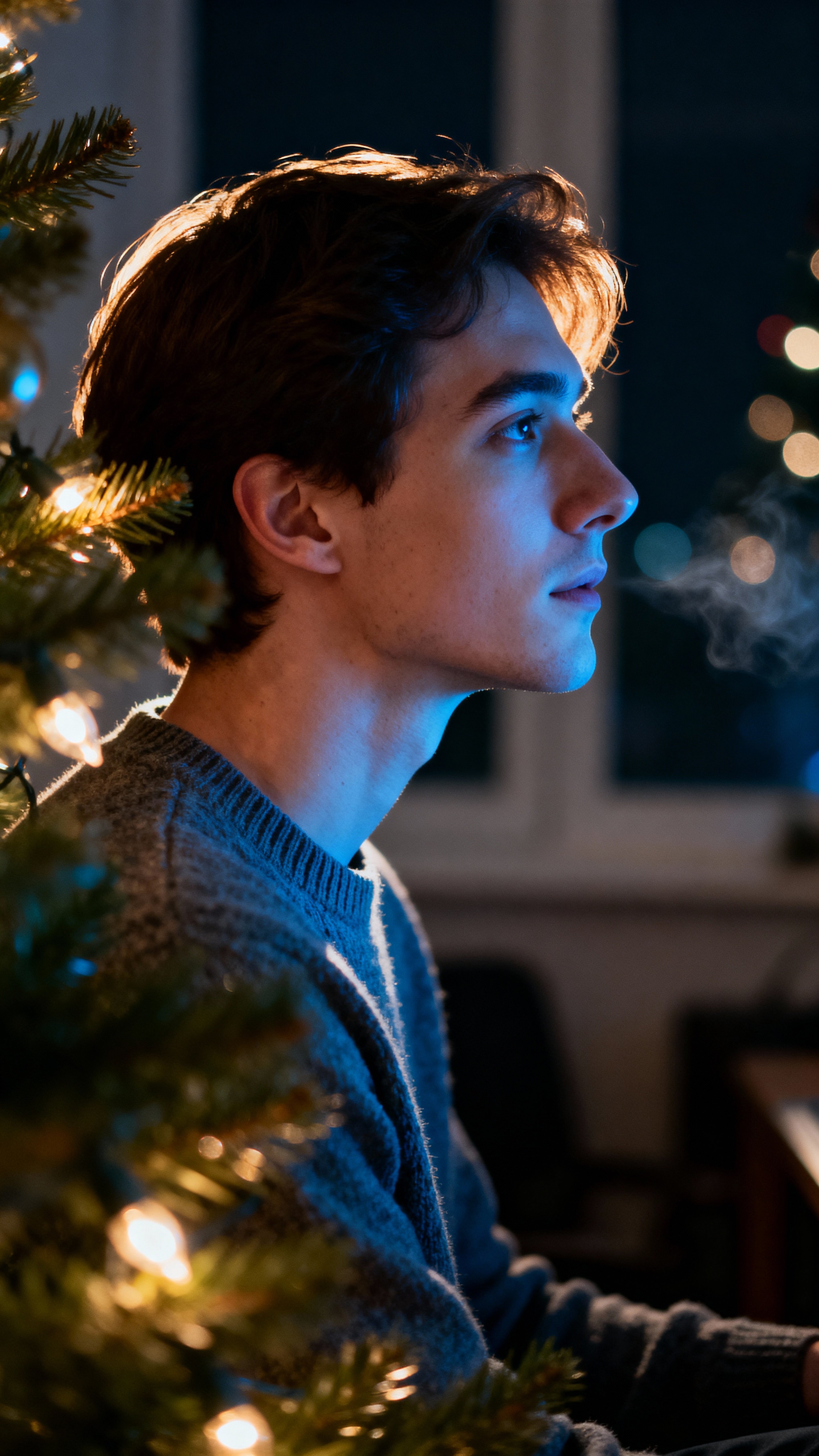 Realistic portrait photograph of a seated person in profile by a glowing Christmas tree, warm gold and cool blue lights sculpting the face for a serene, cinematic mood.