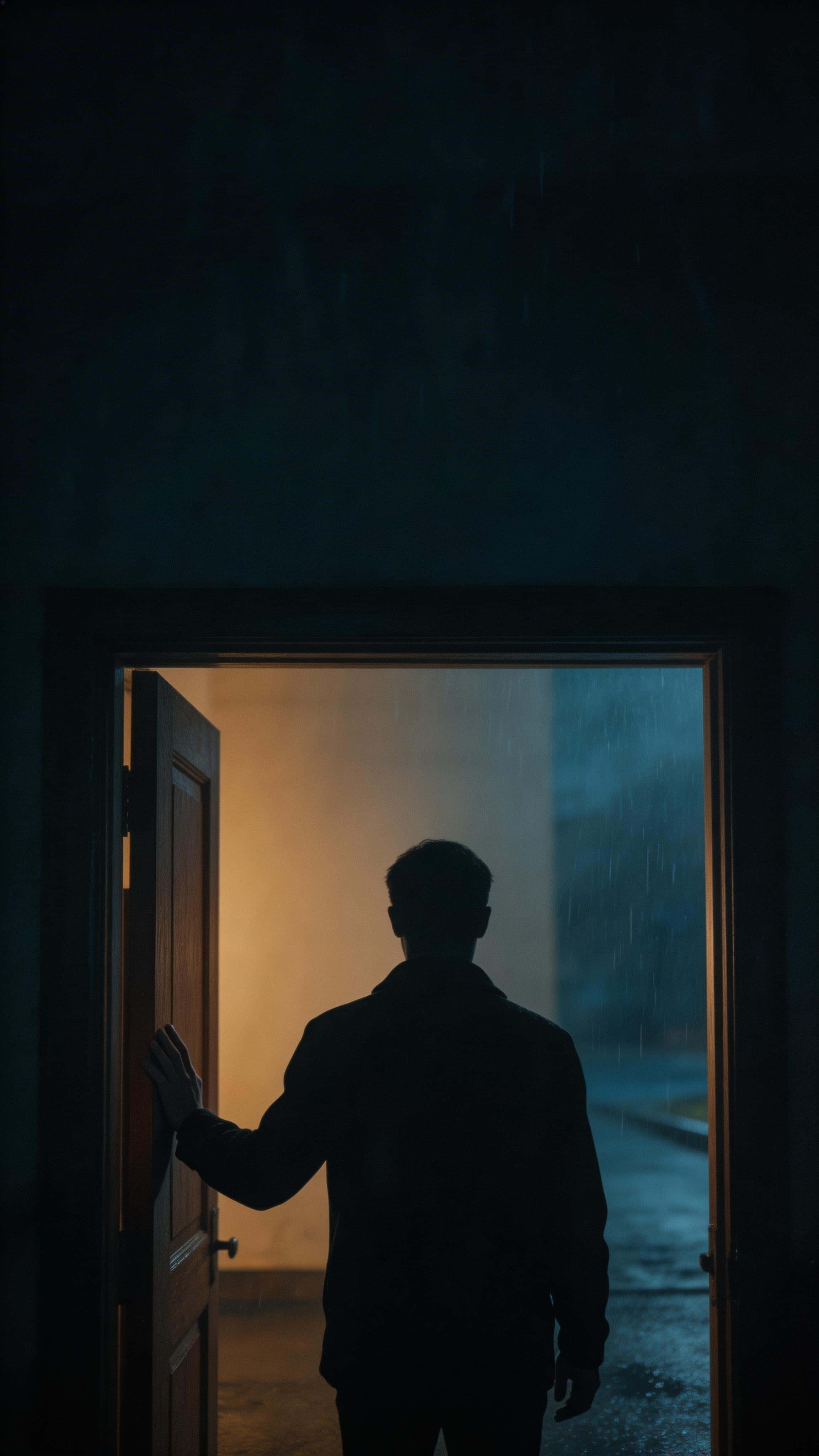 Cinematic 9:16 vertical wallpaper of a back-to-camera silhouette standing in an open doorway, warm muted interior light against a cool blue-black rainy street, evoking departure, hesitation, and quiet sadness.