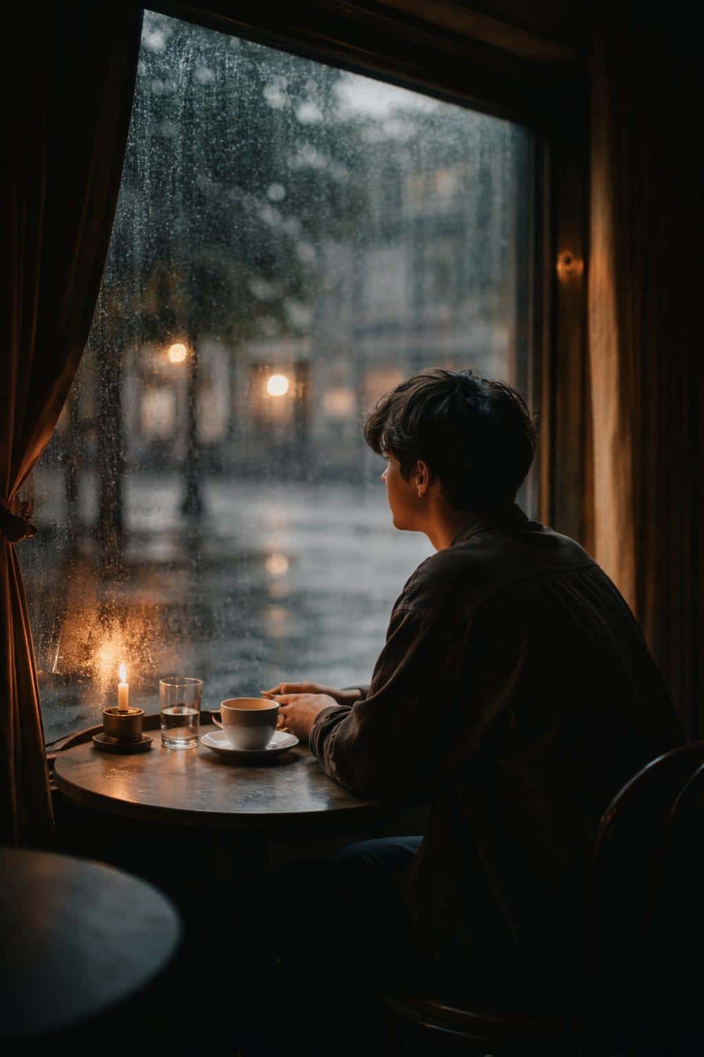 Cinematic 2:3 vertical editorial interior of a mid-20s person seated at a small round table by a window, back mostly to camera with a calm profile, warm dim interior and cool rain outside.