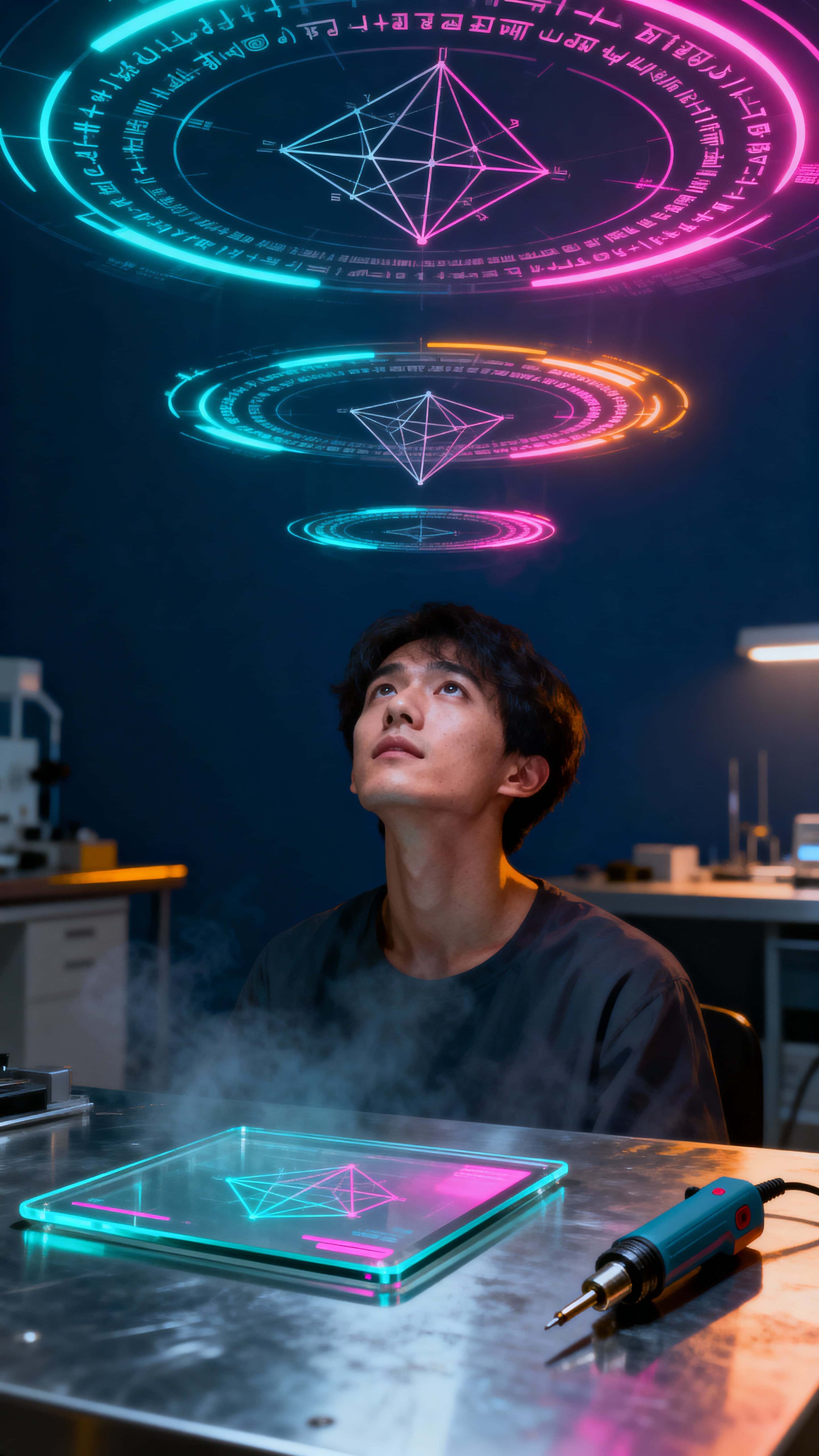 A lone person stands in a dark laboratory as their thoughts manifest overhead as floating diagrams, mathematical shapes, and glowing text rings, creating a contemplative, neon-lit tableau.