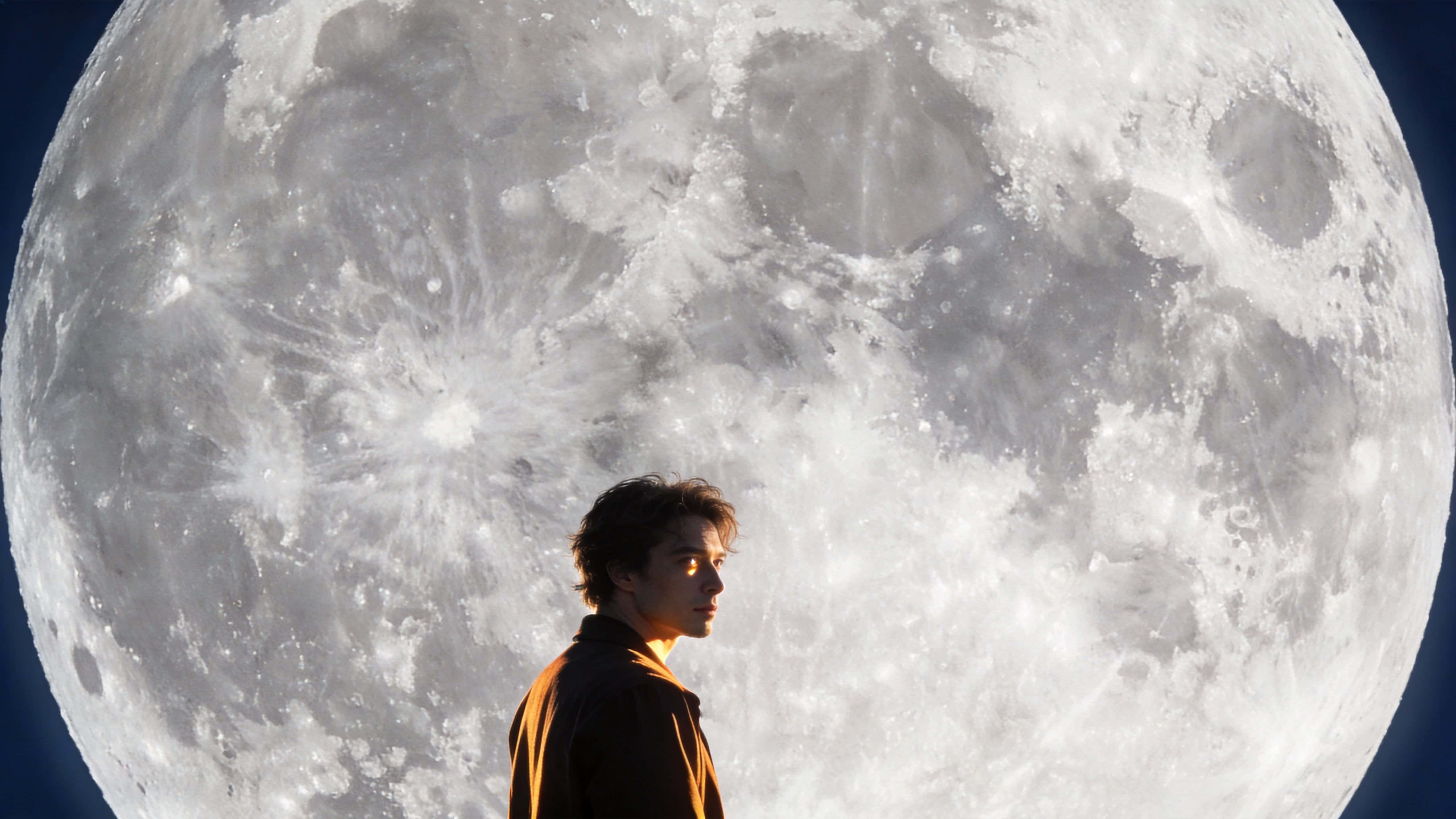 A cinematic editorial portrait of a person with a giant moon rising directly behind them, framed for a 16:9 poster-cover with dramatic backlit atmosphere.
