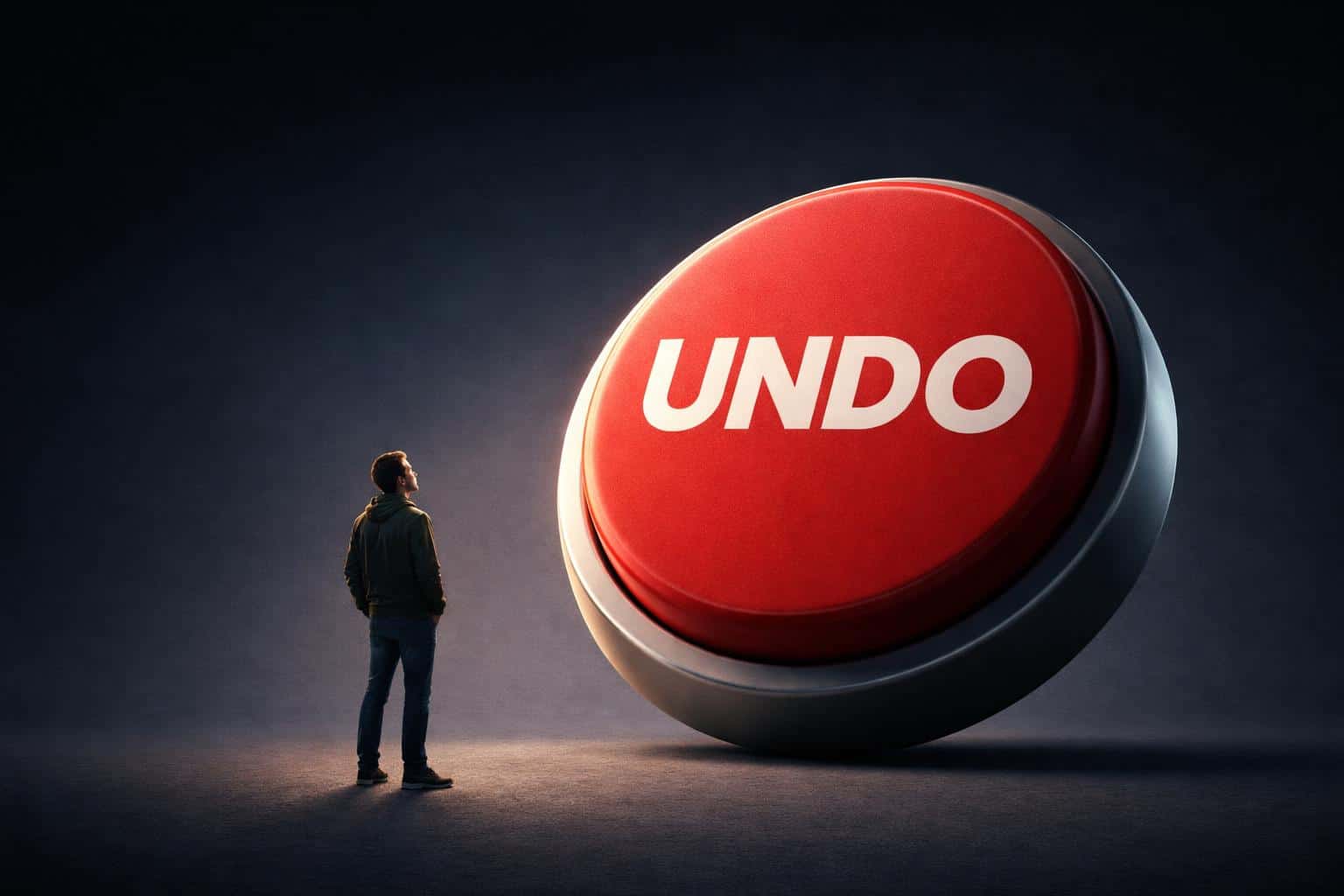 Person stands before a giant red UNDO button in a 3:2 editorial photography concept, framed for poster-cover use with cinematic lighting and ample negative space.