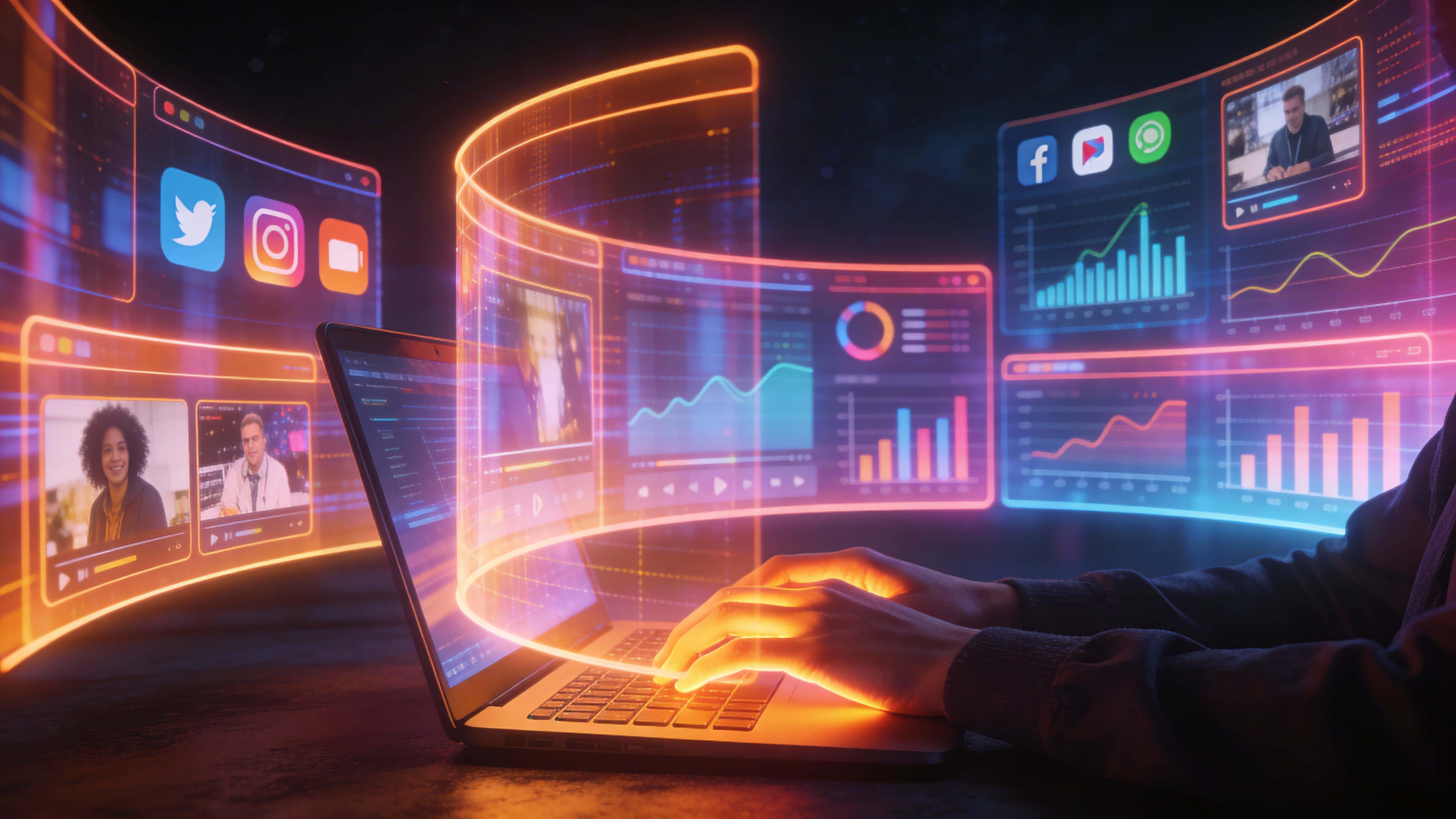 A person at a laptop in a dark space encircled by a semi-circular arc of floating neon hologram windows showing social icons, video thumbnails, and analytics graphs, neon lighting their hands.