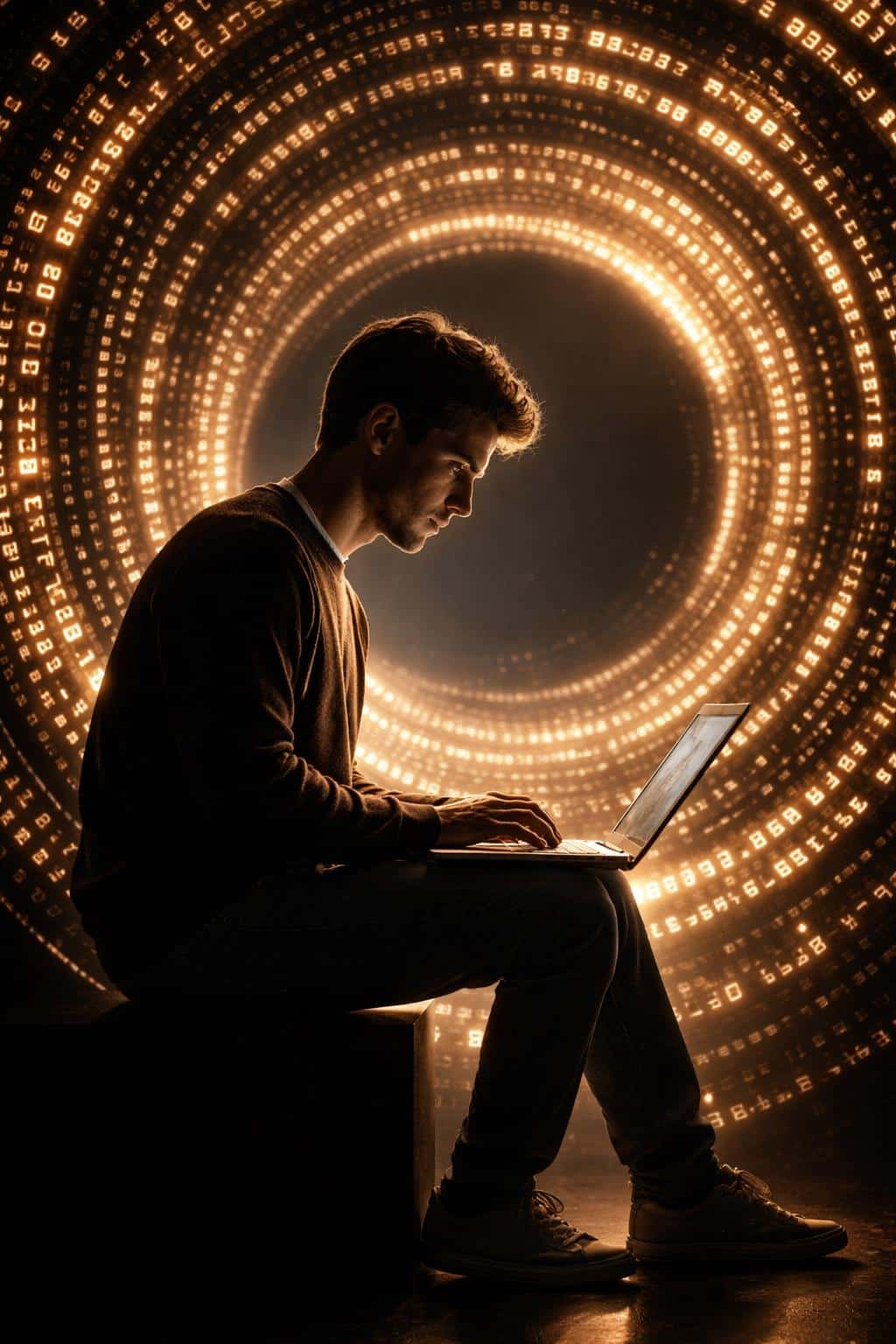 Single seated person with laptop inside a glowing circular text tunnel, photographic portrait style for poster-cover use with dramatic rim lighting and 2:3 crop guidance.