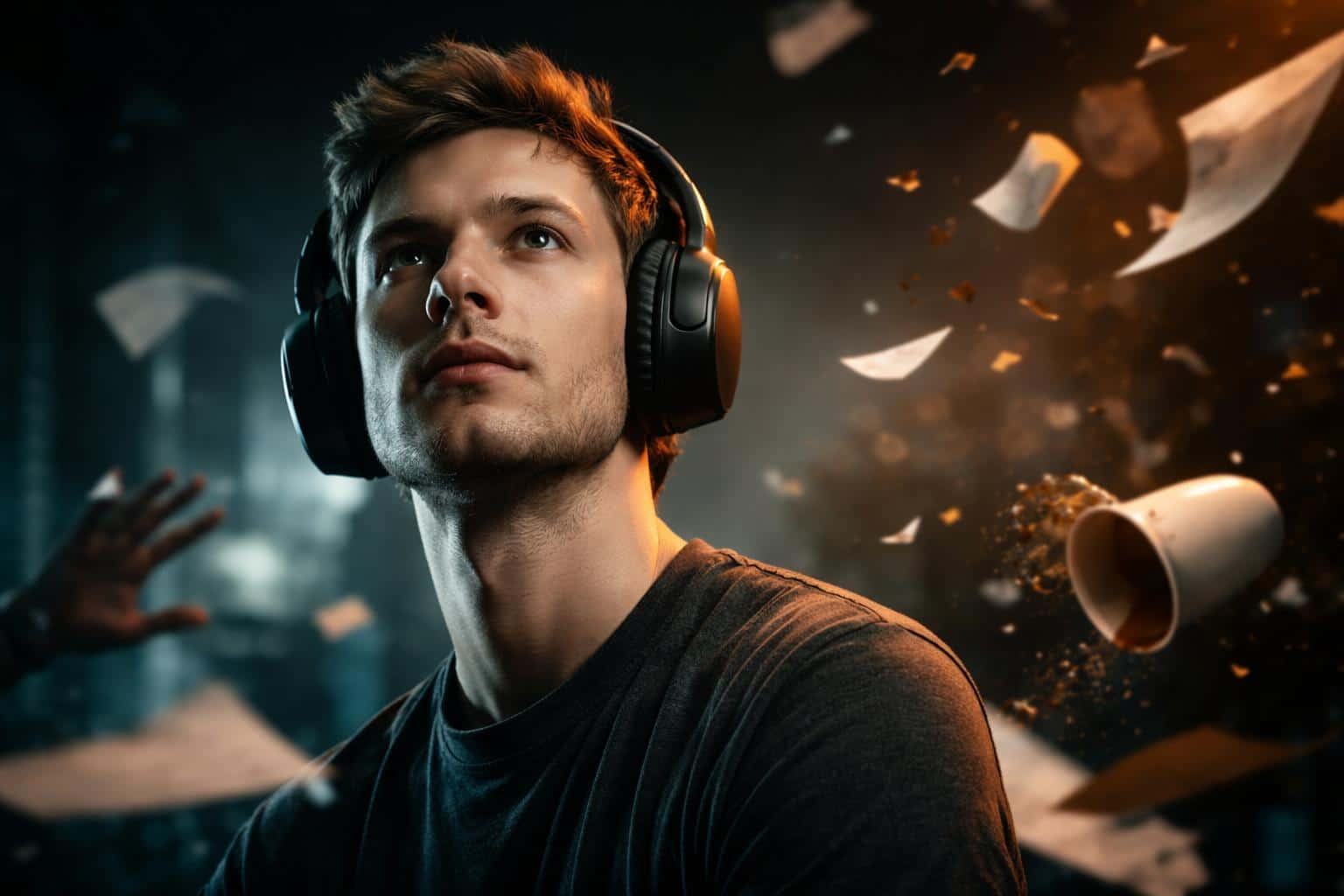 Close portrait of a person wearing noise-canceling headphones set against chaotic motion and debris, photographed as a polished portrait-photography poster-cover in 3:2 ratio.