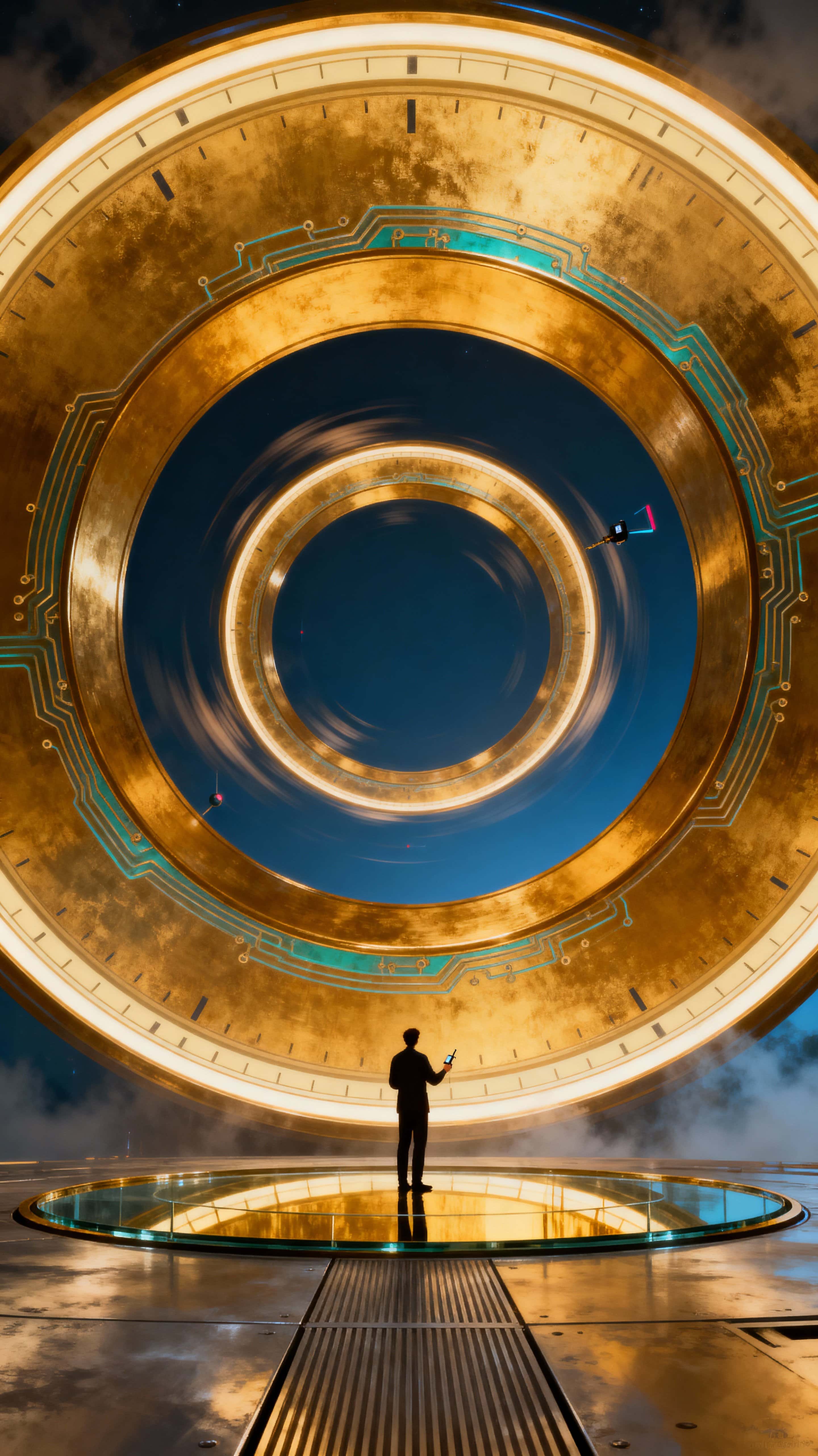 A lone person stands at the center of rotating concentric golden rings of time-data, each band moving at a different speed to suggest a living, futuristic clock, illuminated by cool depth.