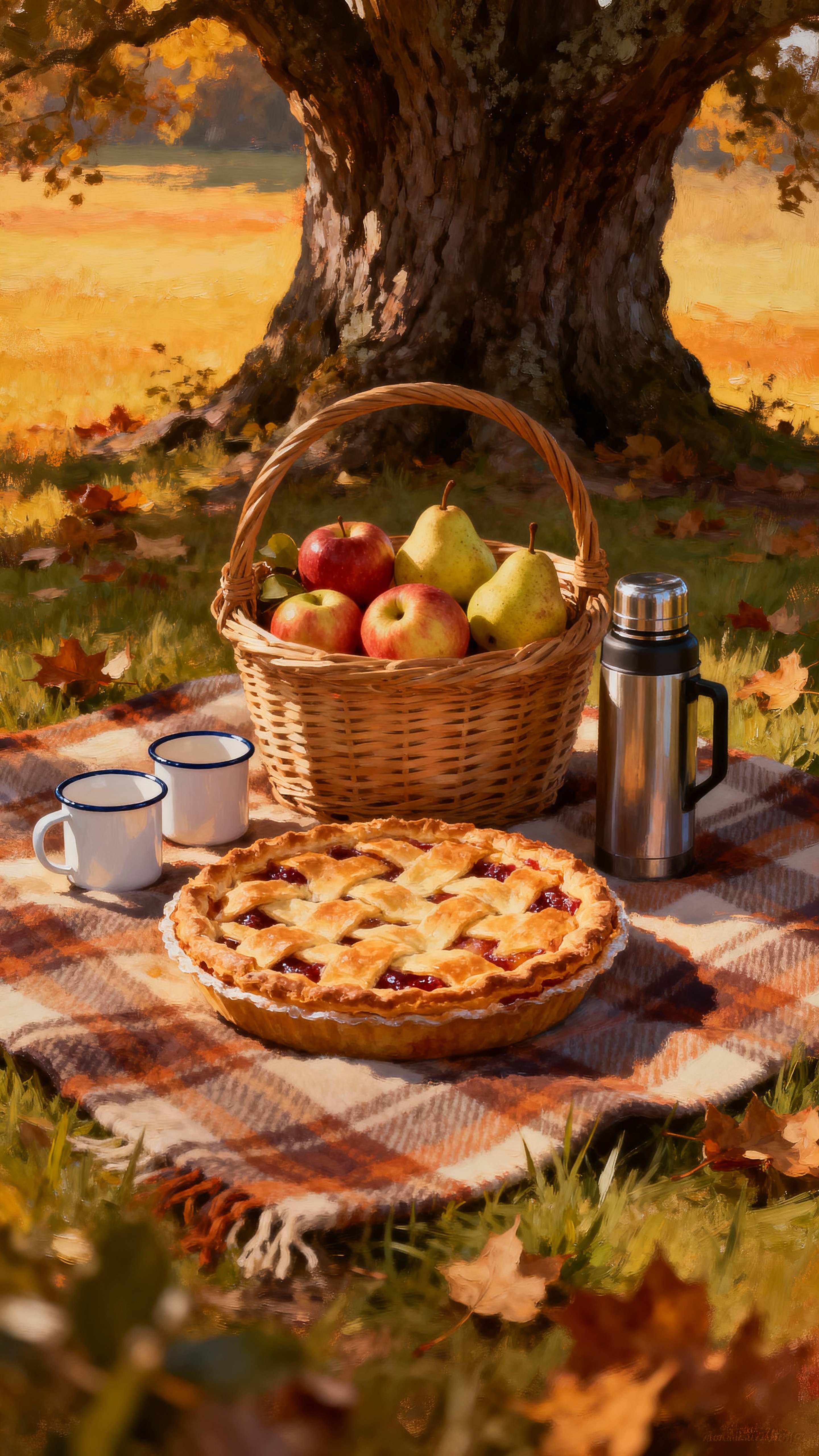 Vertical 9:16 view of a rustic picnic beneath an old oak: a cream-and-rust-red plaid blanket holds a woven basket of rust-red apples, olive-green pears and a golden-brown pie, plus a thermos and white enamel mugs in amber sunlight and scatt