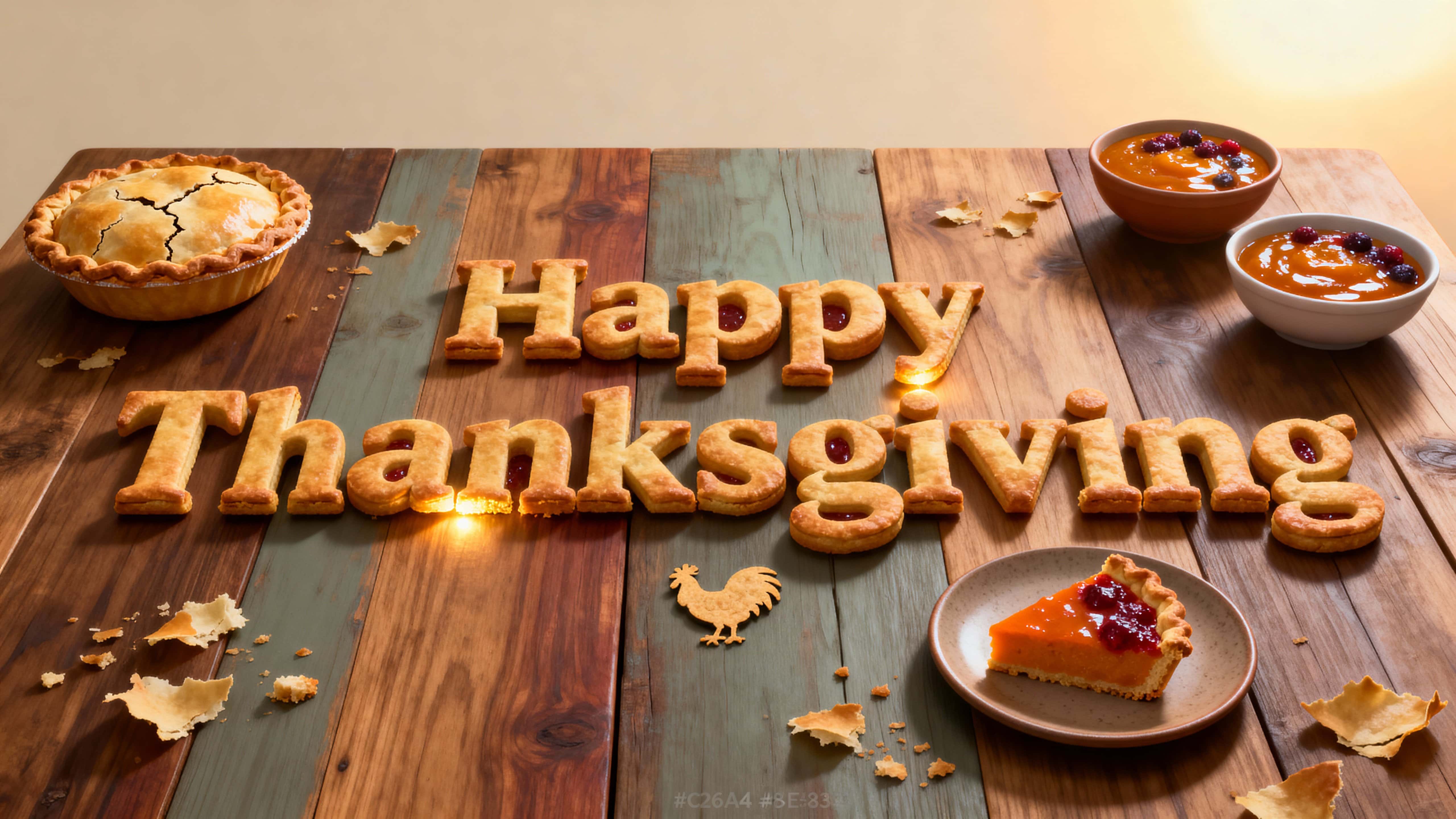 Top-down cinematic 3D view of "Happy Thanksgiving" formed from chunky, flaky pie-crust letters with glossy pumpkin and berry fillings on a warm wooden tabletop and soft creamy negative space above.
