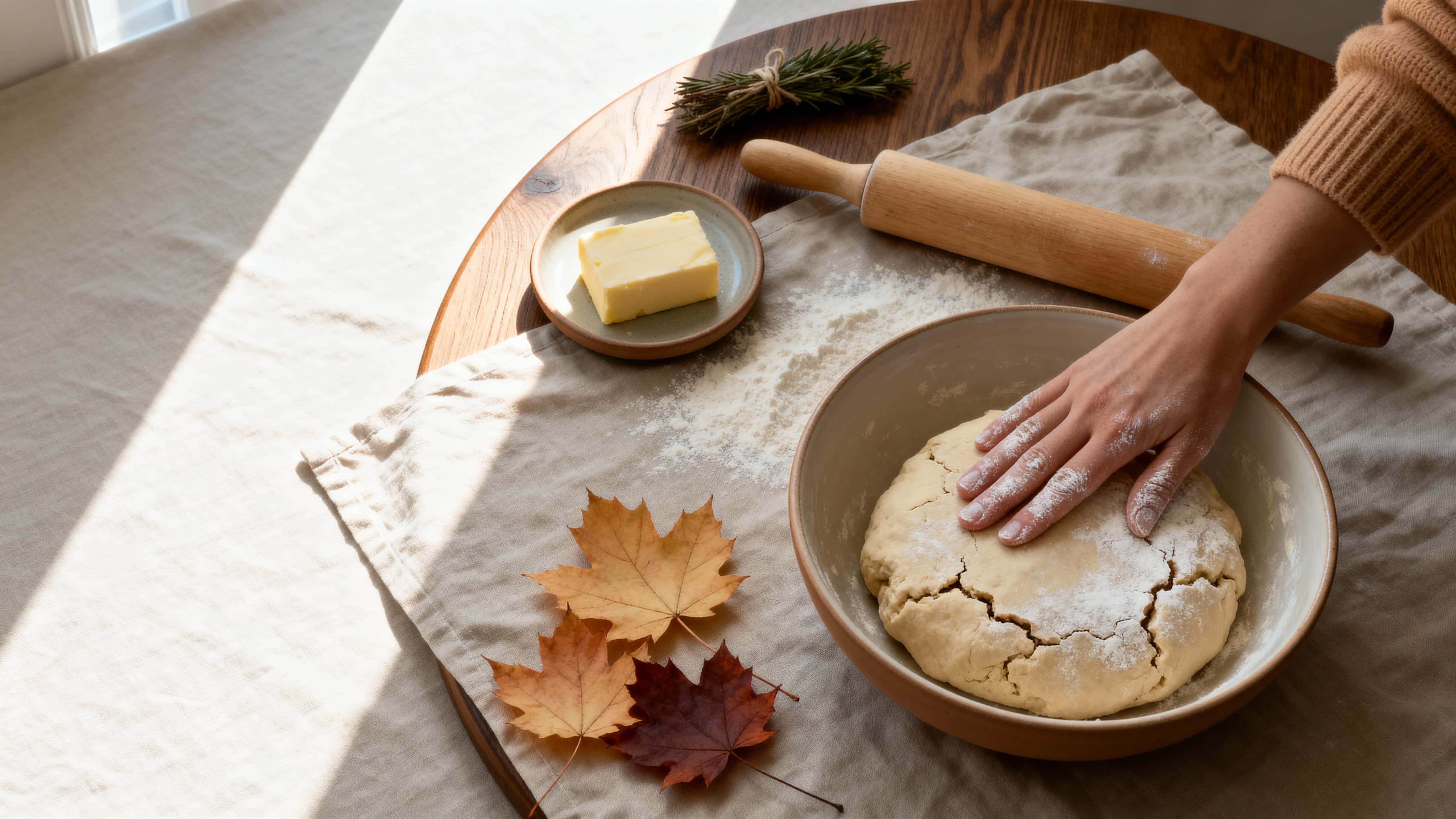 Cozy, minimal 16:9 food photo showing a matte bowl of pie dough being kneaded in the lower-right third, hand and rolling pin amid warm creams and pale wooden tones.