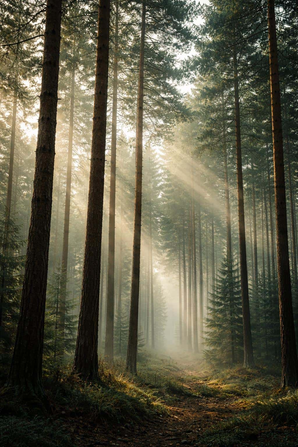 Tall pine forest captured as a vertical landscape photograph with filtered sunlight and misty atmosphere, composed for a 2:3 wallpaper or poster use.