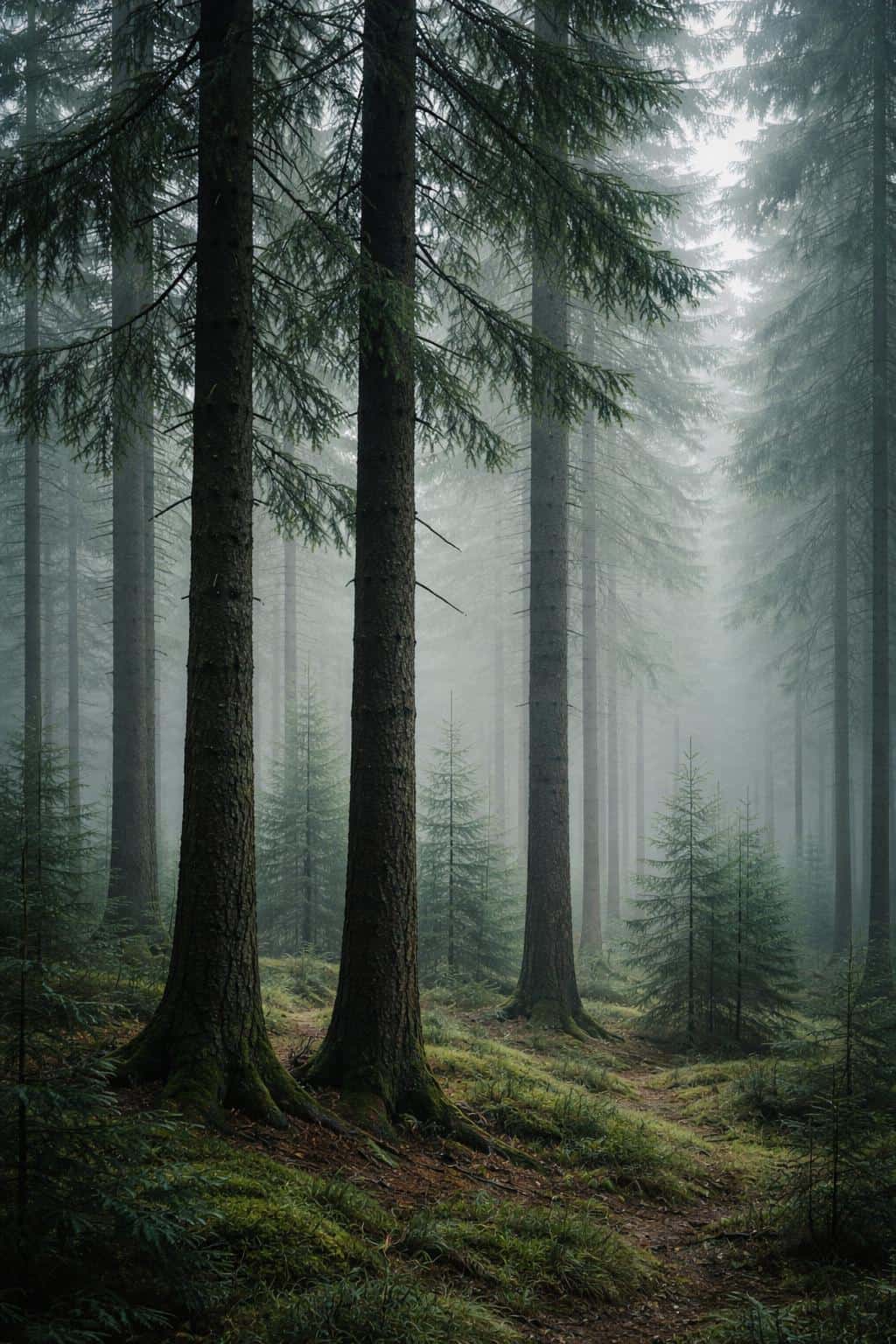 Tall pine trees rise through layered fog in a vertical 2:3 frame, rendered in cool muted tones with soft diffused light and tactile wet-bark detail for wallpaper.