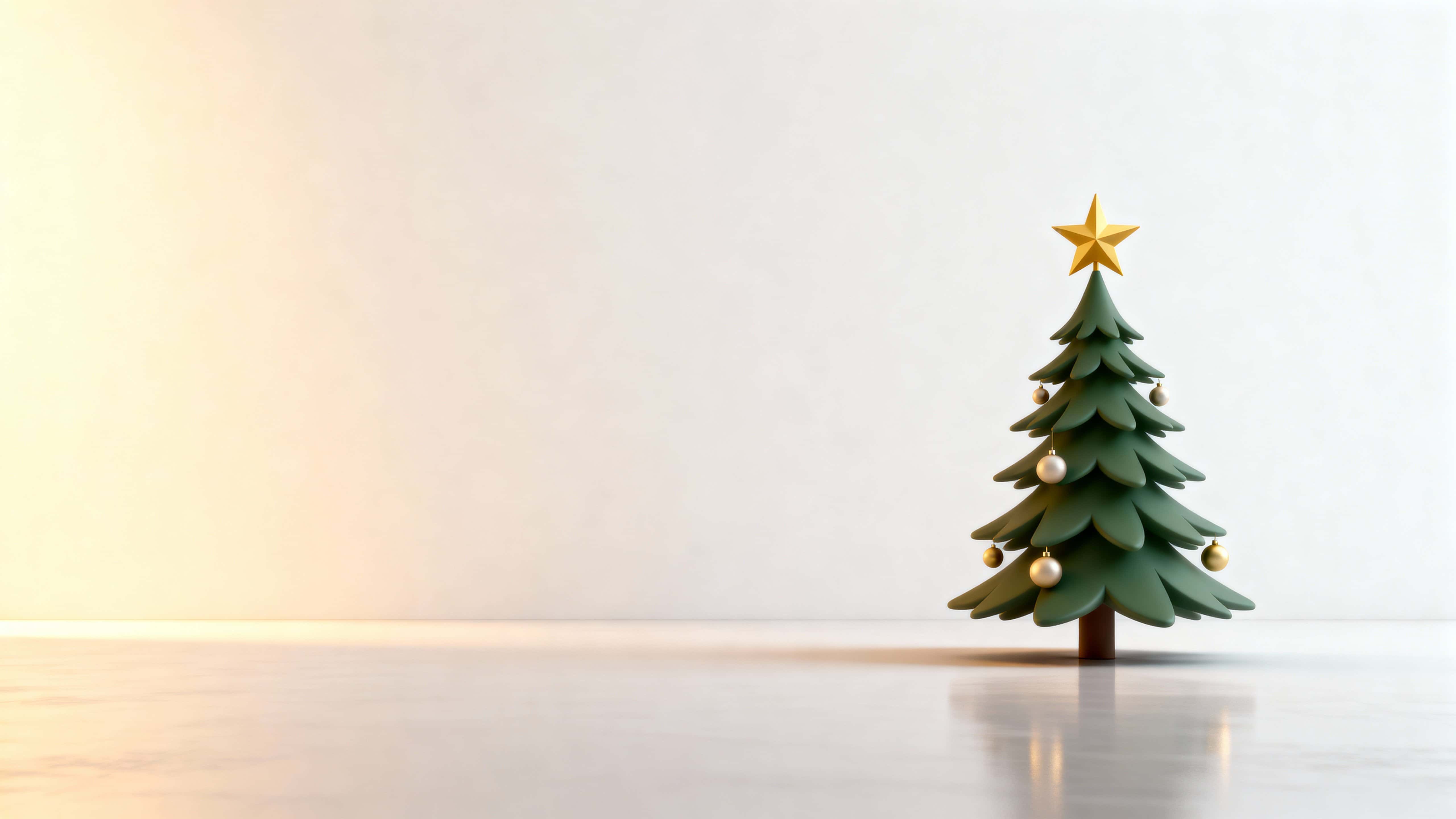 A minimal 3D Christmas scene features a single stylized pine tree with a golden star and round ornaments on the right, standing on a matte reflective floor against a warm white-to-pale-gold gradient with soft left lighting and open space, 1